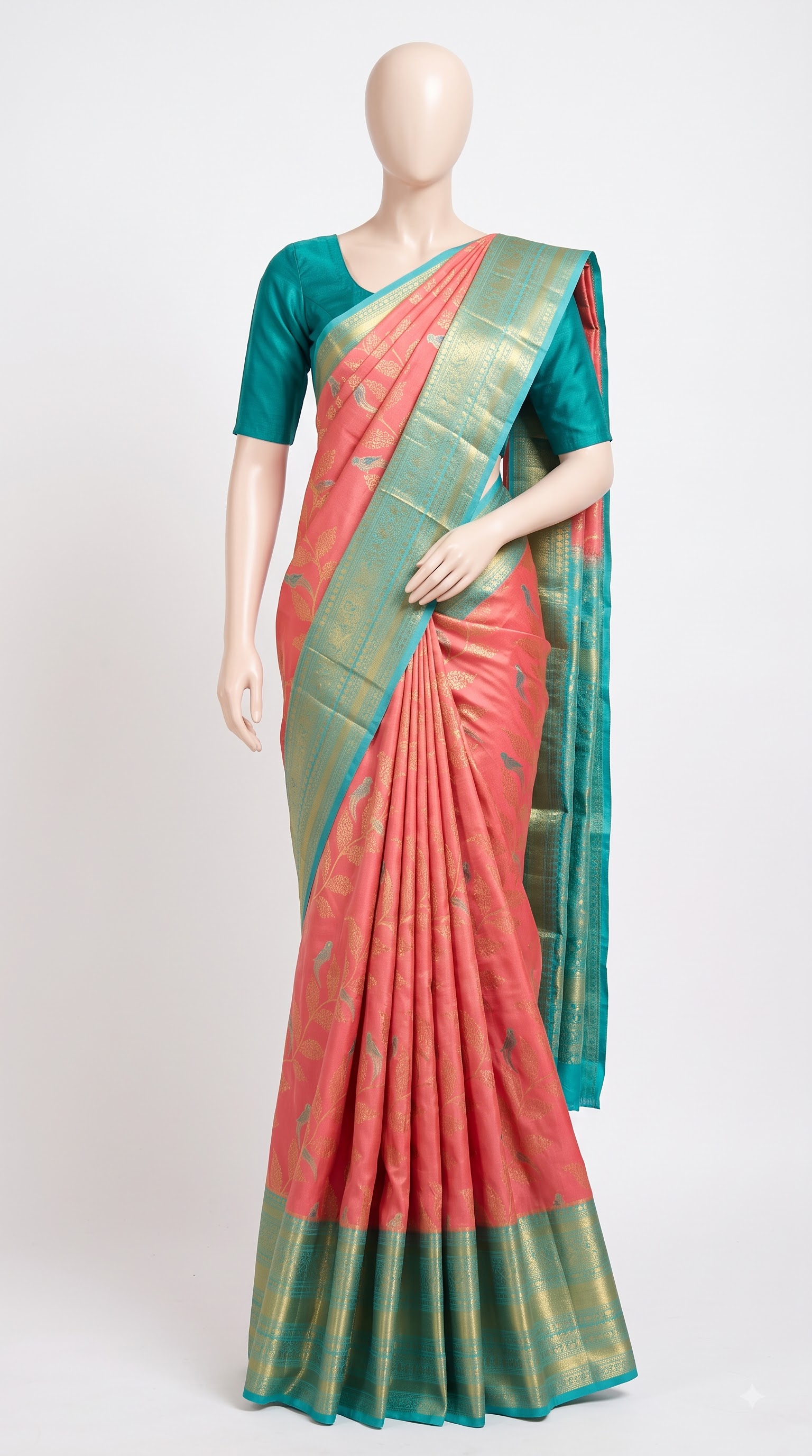 Pure Kanjivaram Silk Saree – Rose Pink Sky Blue Bird