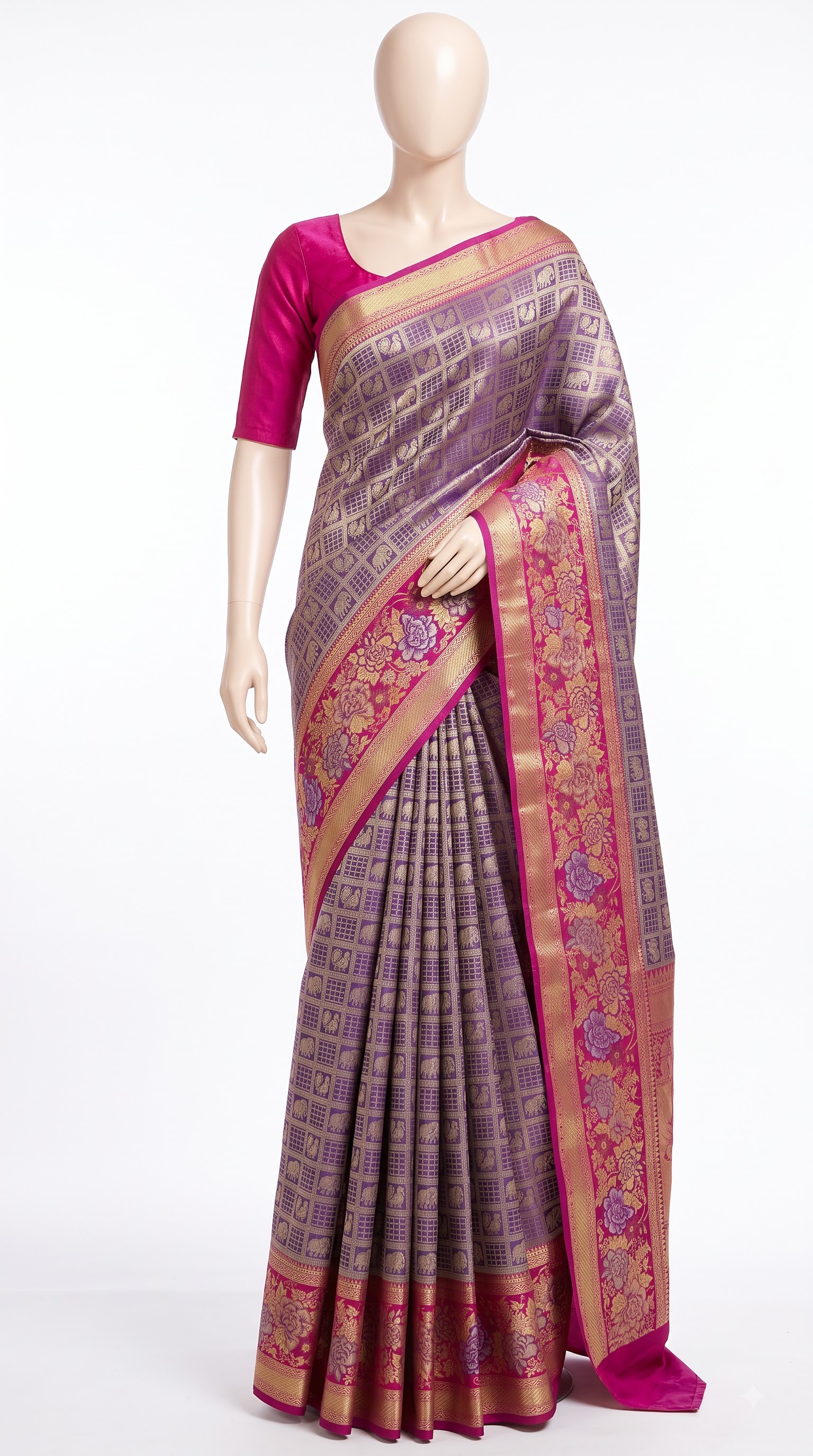 Pure Kanjivaram Silk Saree – Antique Gold Purple Elephant