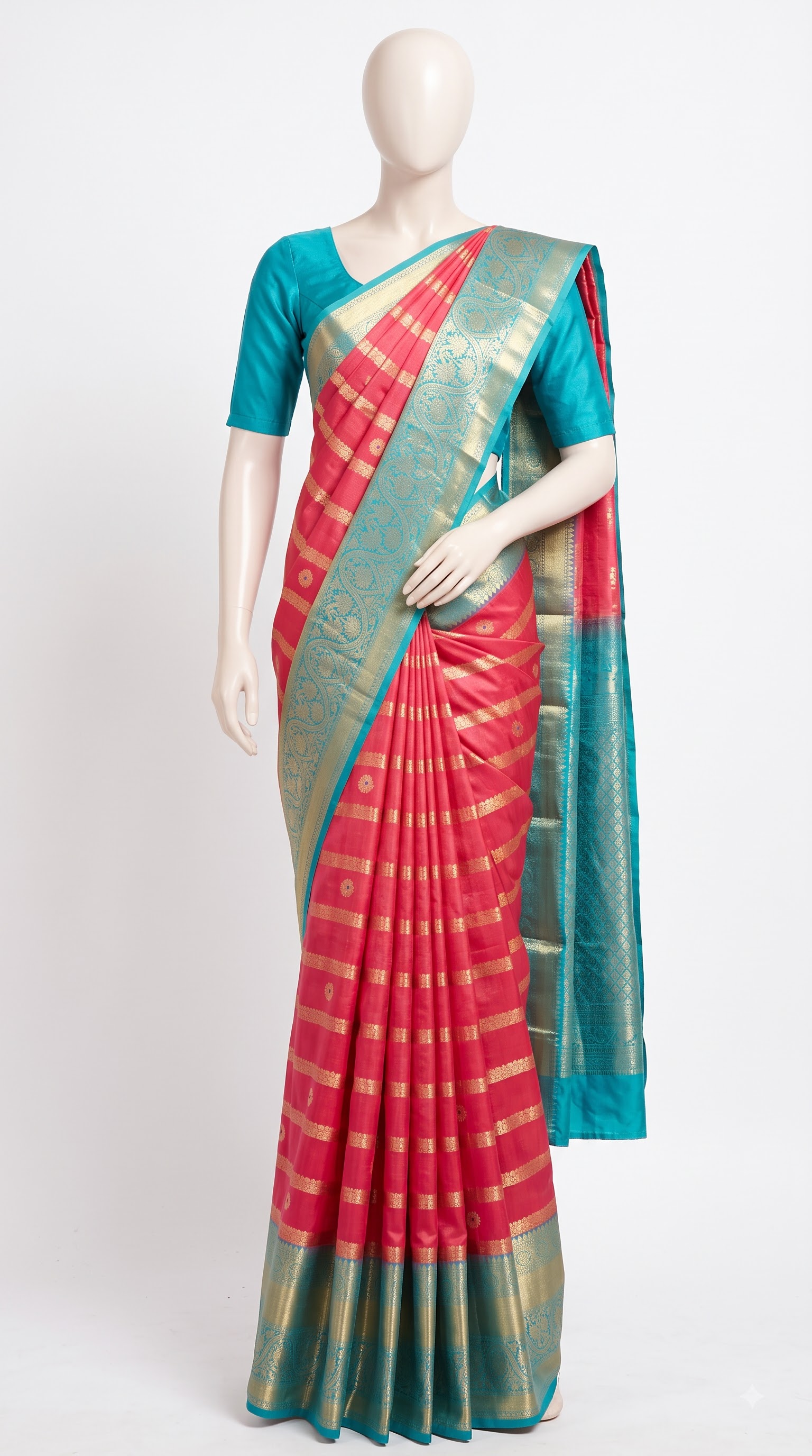 Pure Kanjivaram Silk Saree – Coral Pink Teal Blue Floral