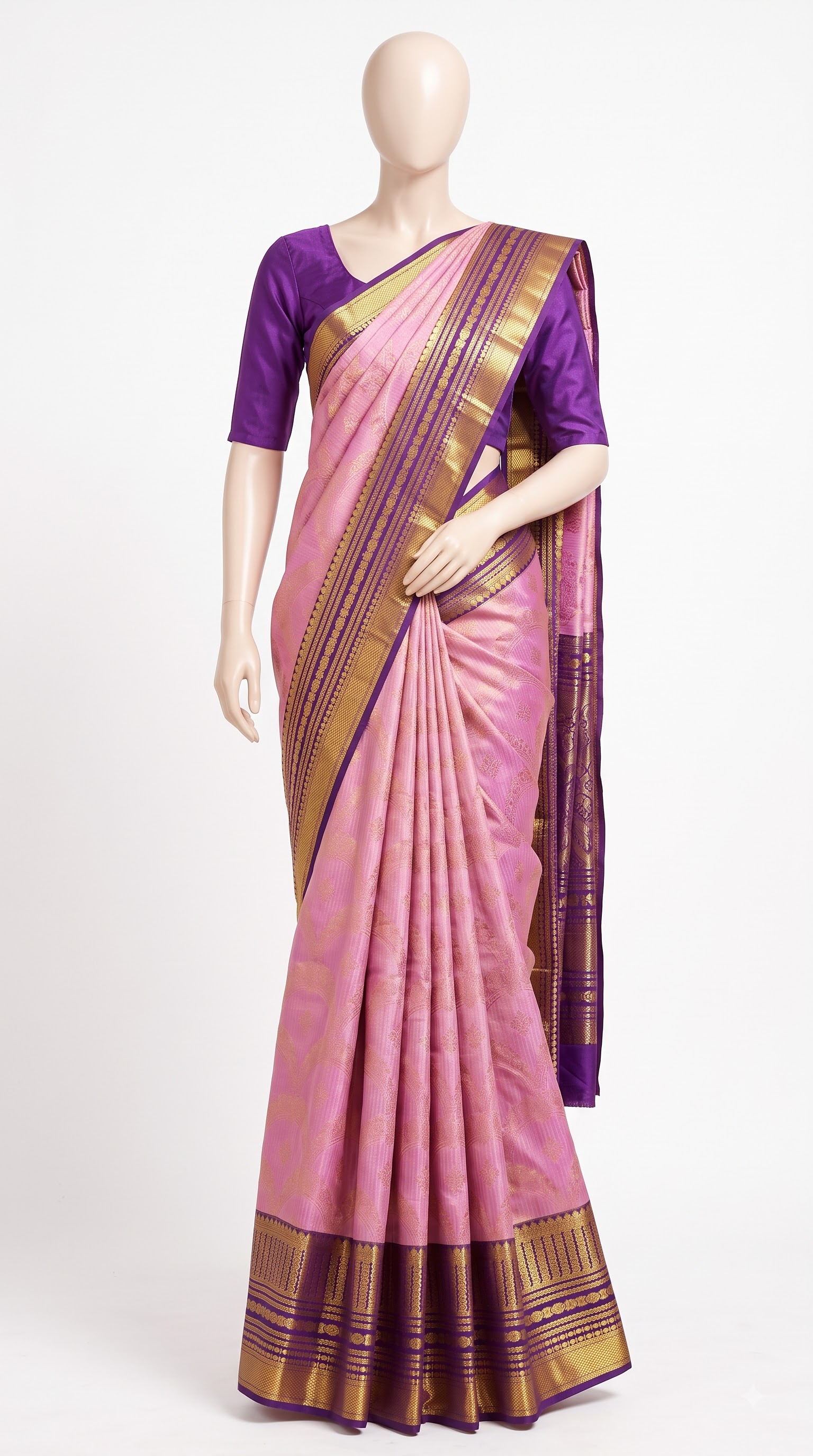 Pure Kanjivaram Silk Saree – Lavender Pink Purple Gold