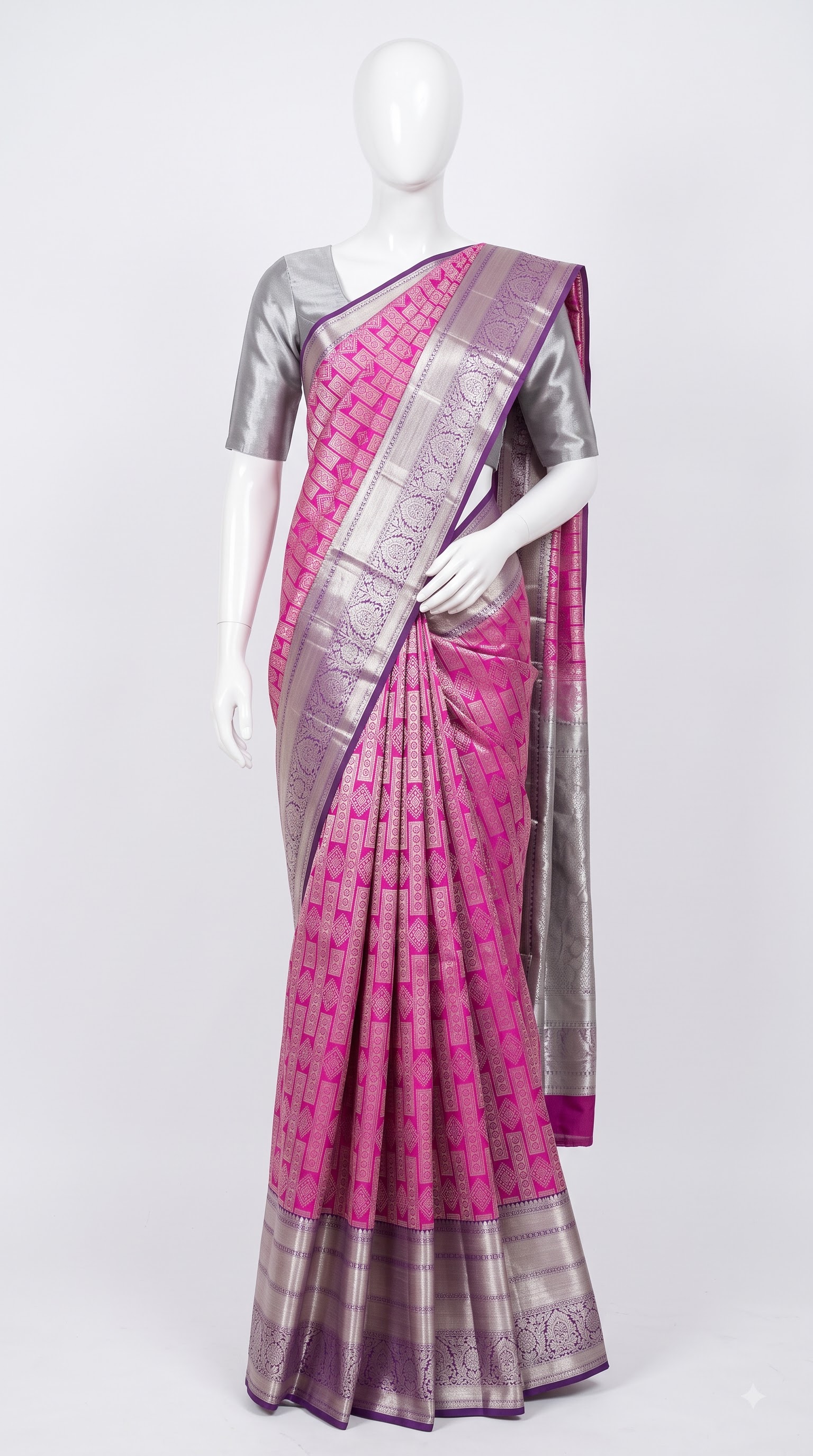 Pure Kanjivaram Silk Saree – Magenta Silver Purple Floral