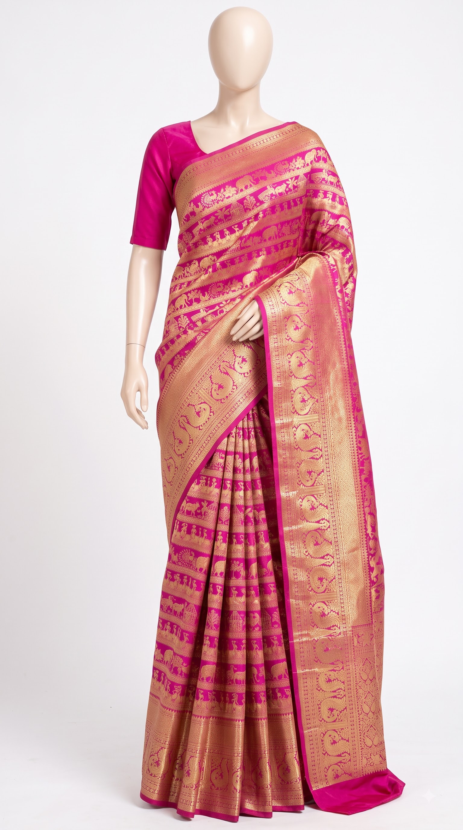 Pure Kanjivaram Silk Saree – Rani Pink Gold Elephant Motif