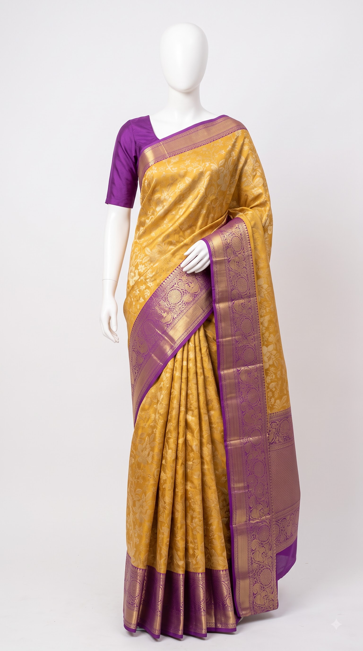 Pure Kanjivaram Silk Saree – Mustard Gold Lavender Floral