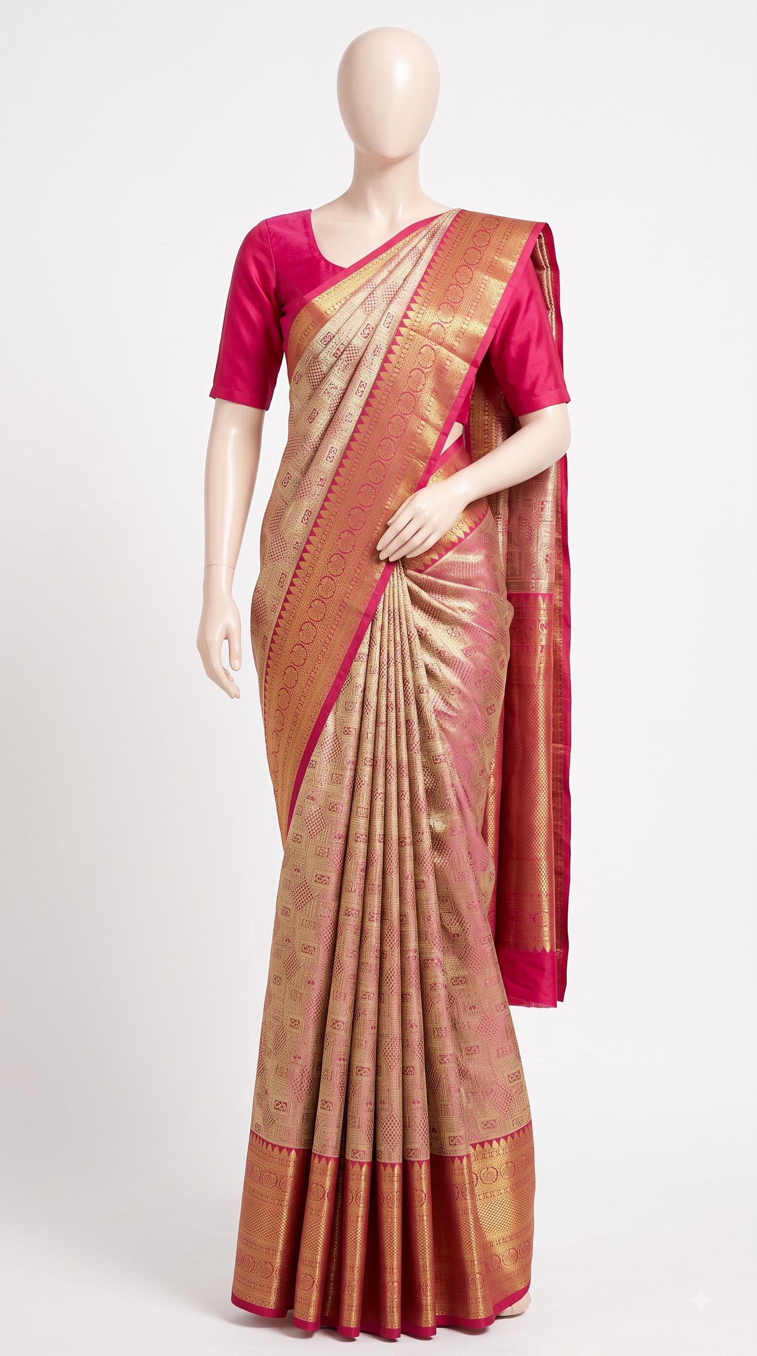 Pure Kanjivaram Silk Saree – Antique Gold Maroon Geometric