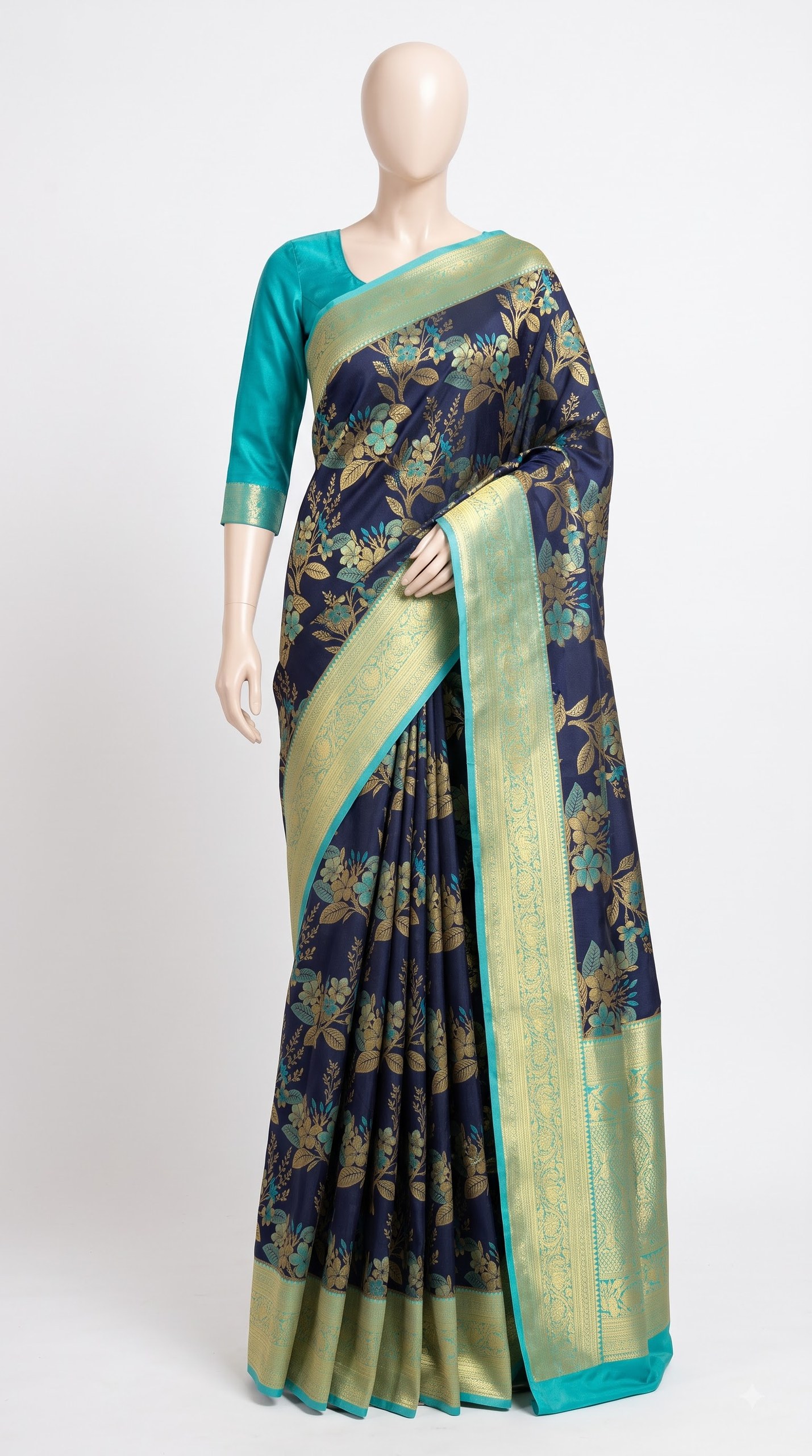 Pure Kanjivaram Silk Saree – Midnight Navy Floral Teal Gold