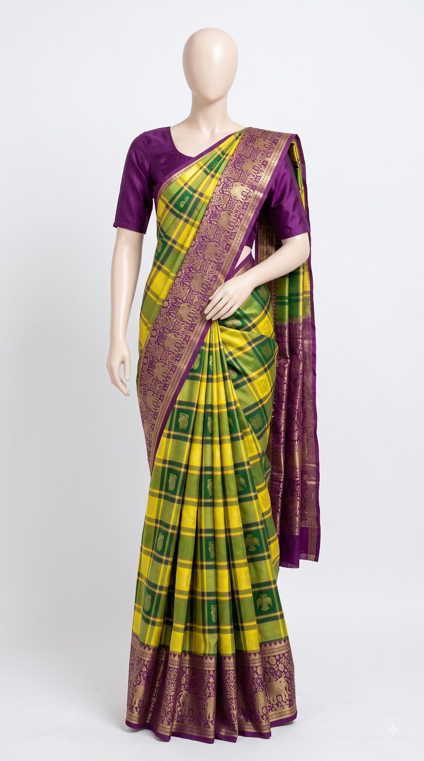 Emerald Olive Kanjivaram Silk Saree with Elephant & Floral Zari Border