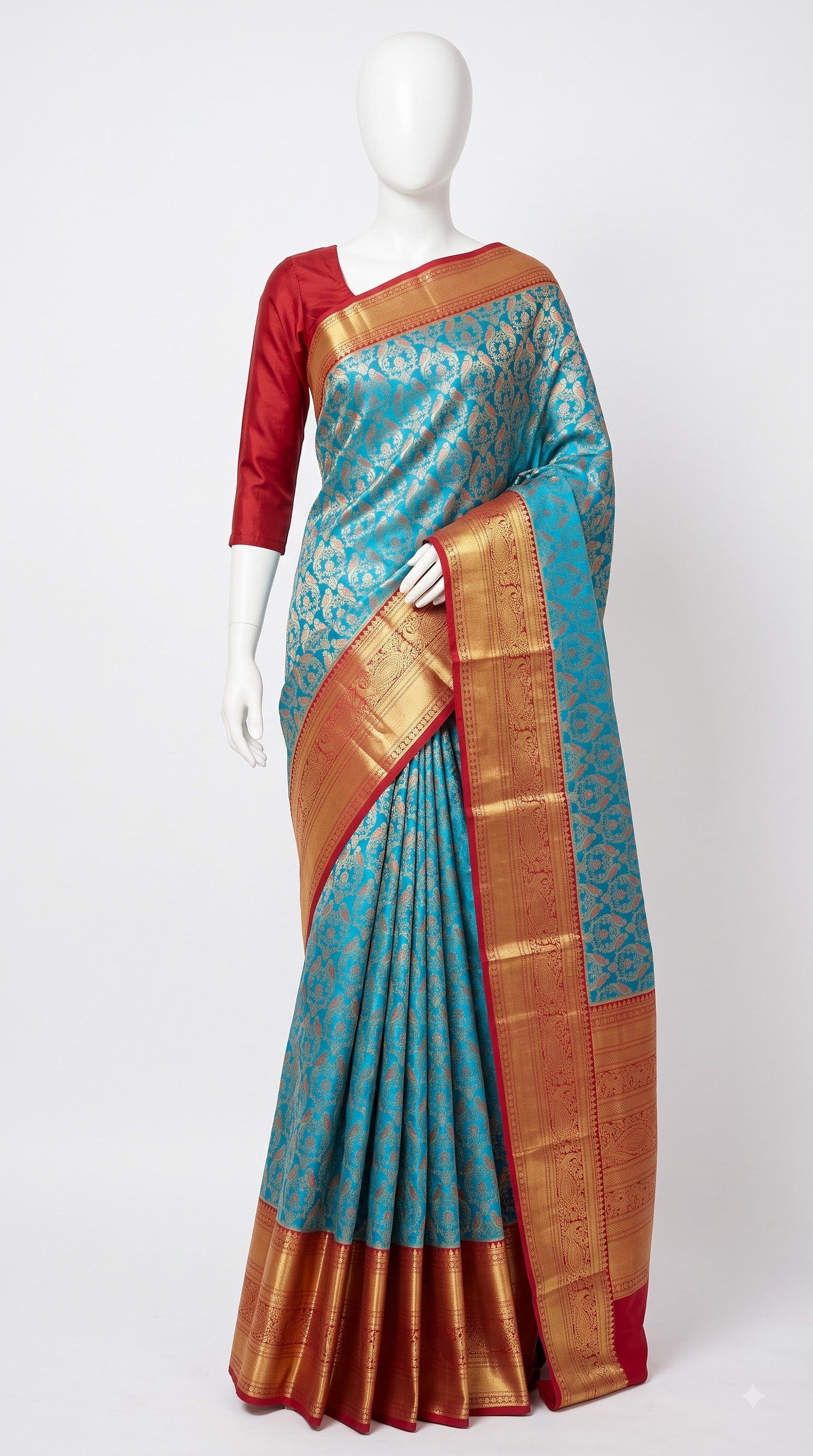 Royal Azure Blue Kanjivaram Silk Saree with Antique Gold Paisley Brocade