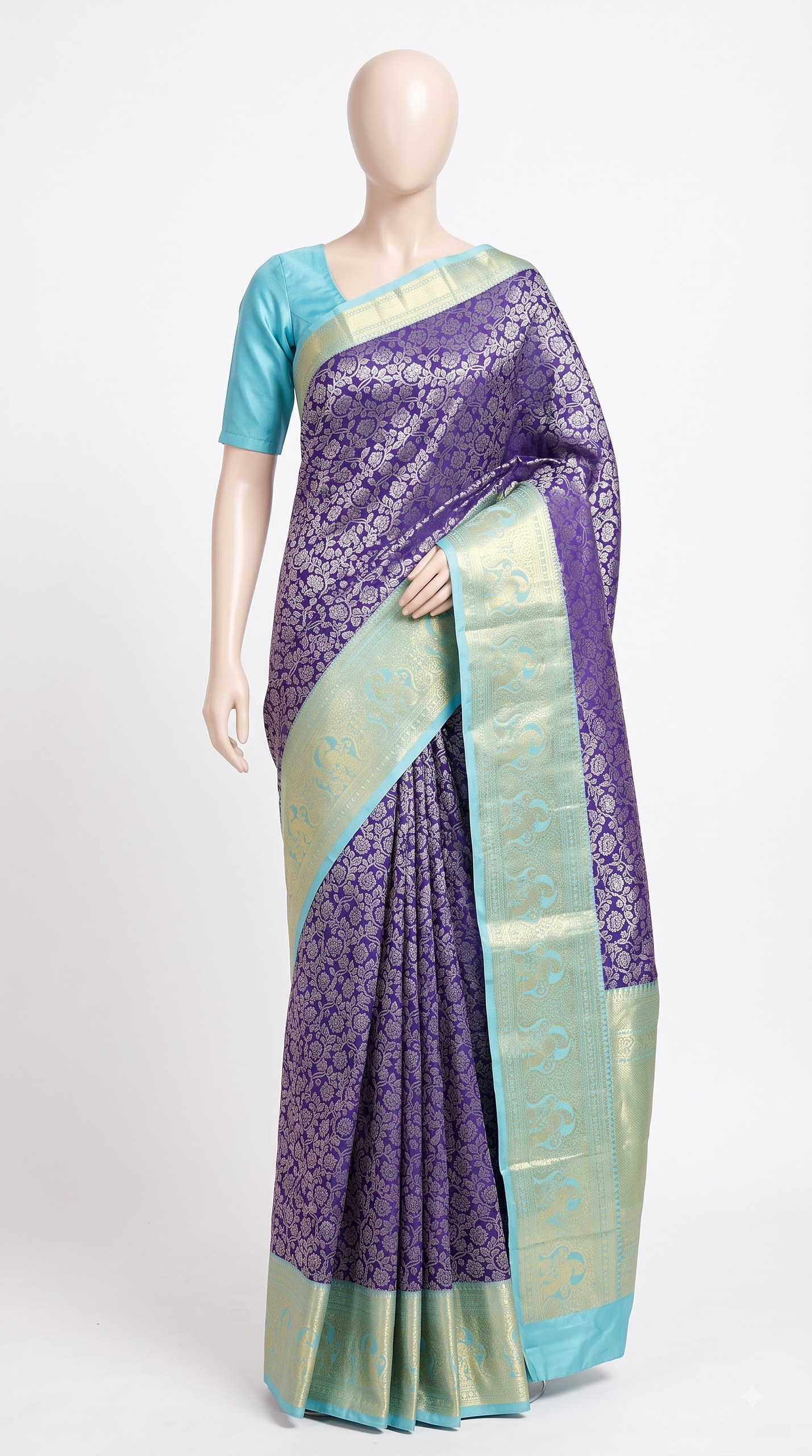 Regal Plum Purple Kanjivaram Silk Saree with Silver Floral Weave & Aqua Zari Border