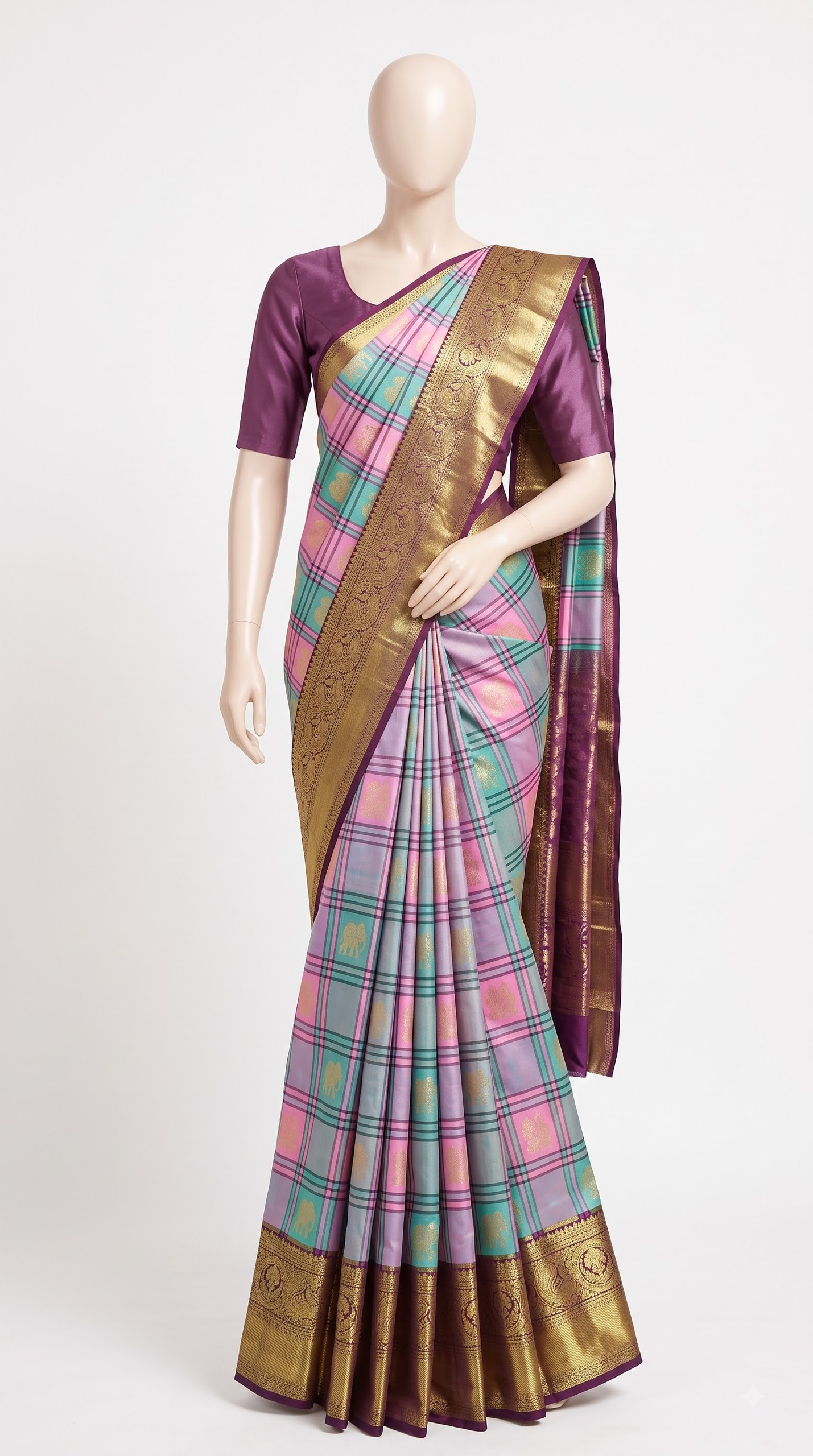 Pastel Aqua Lilac Kanjivaram Silk Saree with Elephant Motif Zari Border
