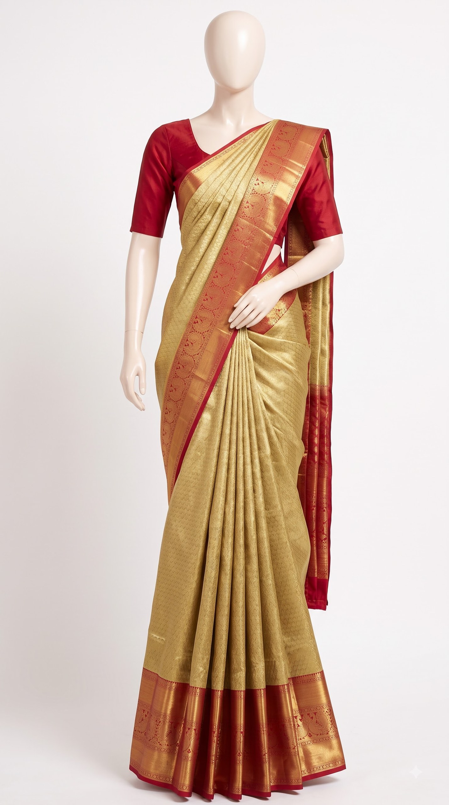 Antique Gold Silk Saree with Crimson Peacock Zari Border