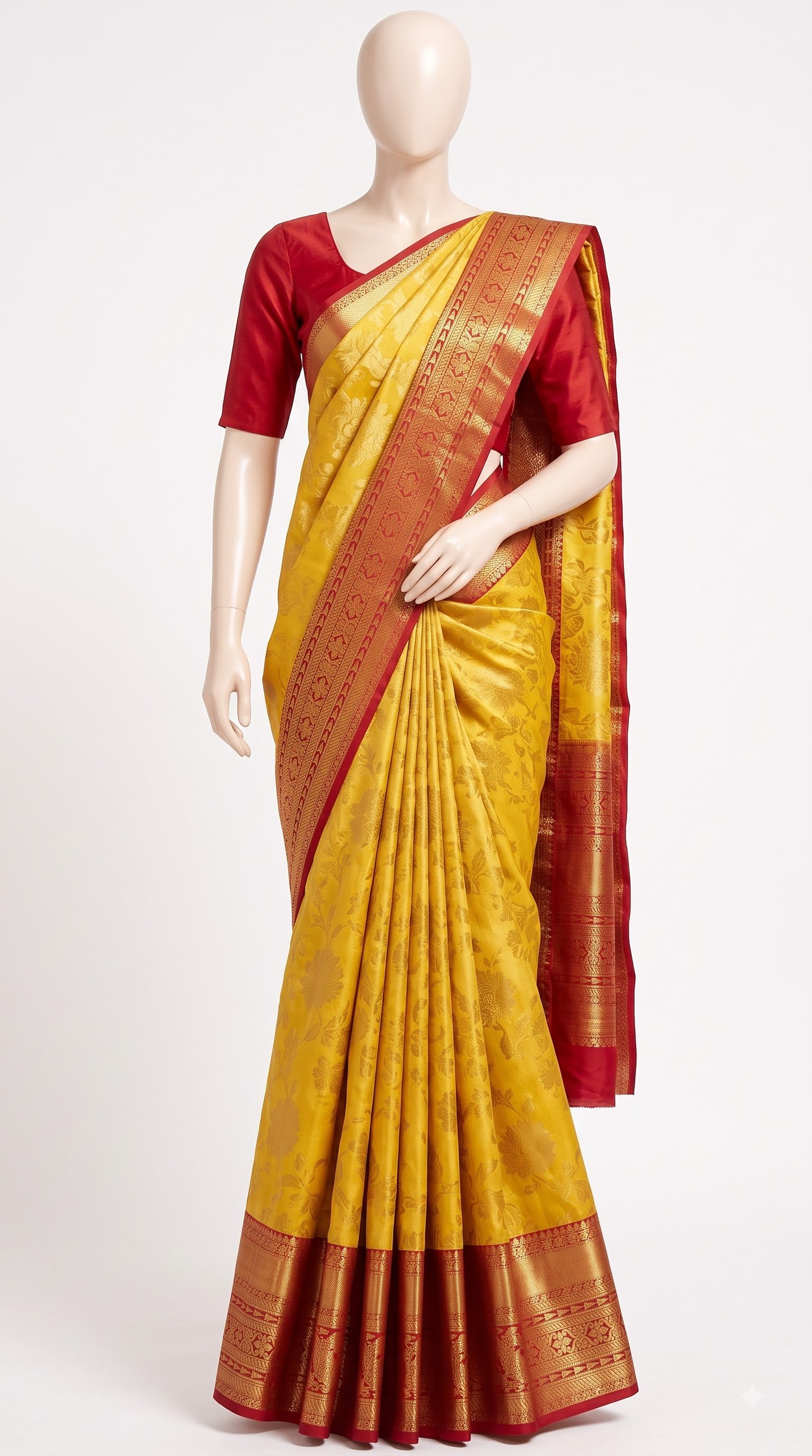 Mustard Gold Kanjivaram Silk Saree with Crimson Floral Zari Border