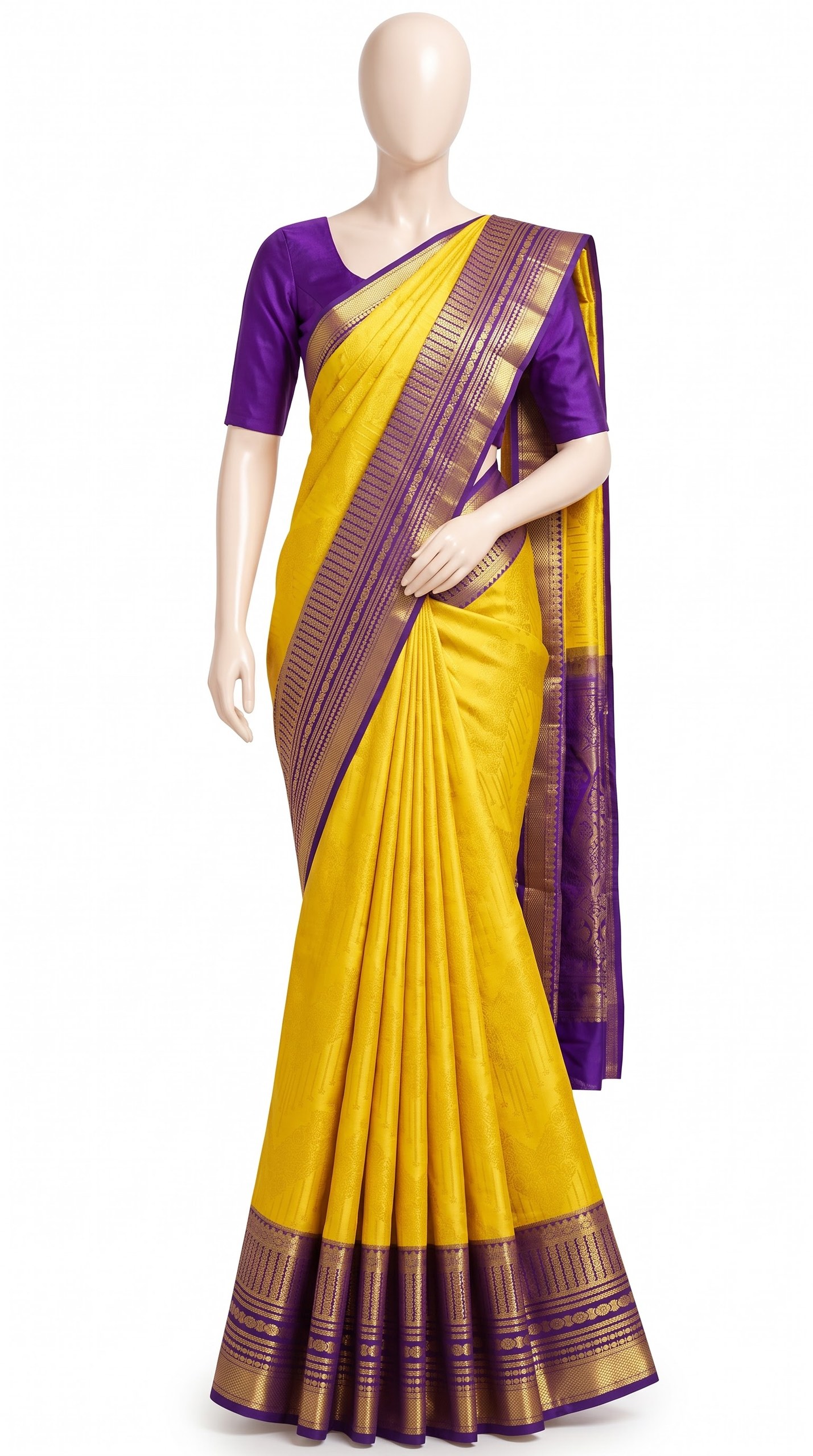 Sunshine Yellow Silk Saree with Plum Antique Zari Border