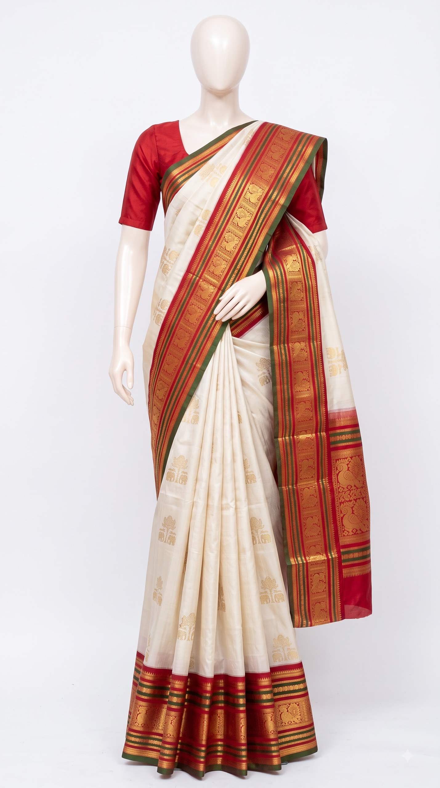Classic Ivory Silk Saree with Maroon Green Peacock Zari Border