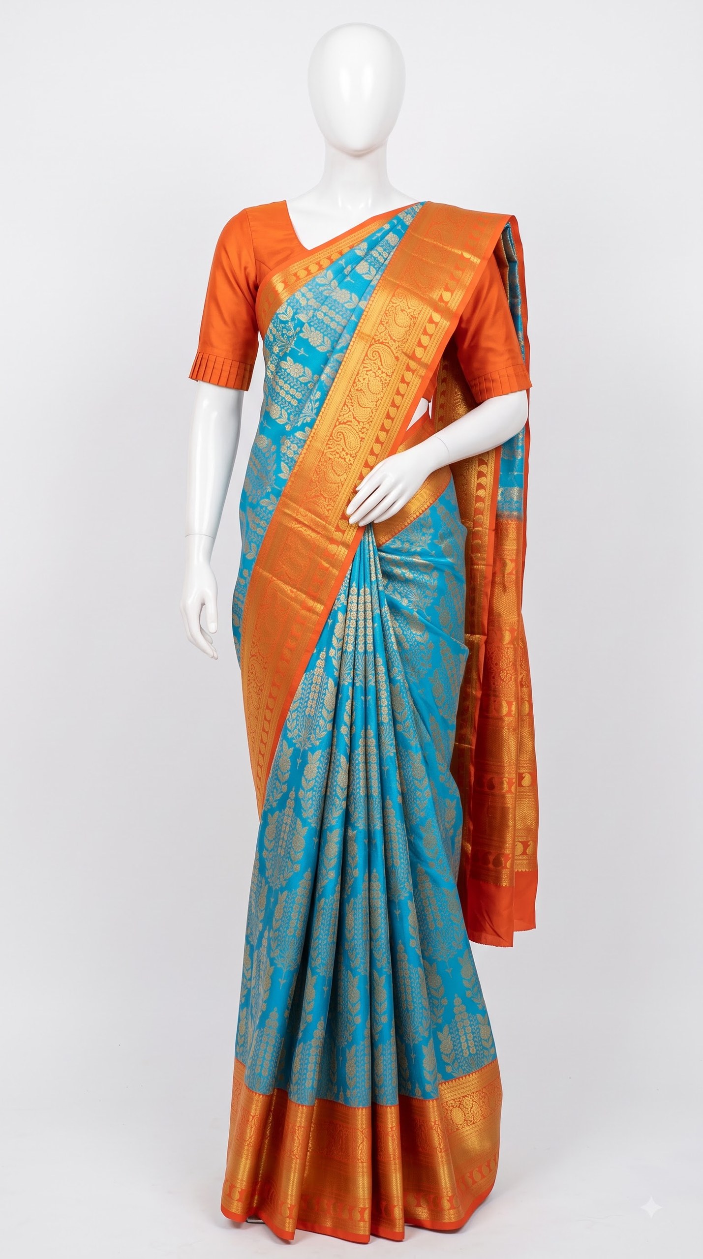 Turquoise Bloom Silk Saree with Burnt Orange Zari Paisley Pallu