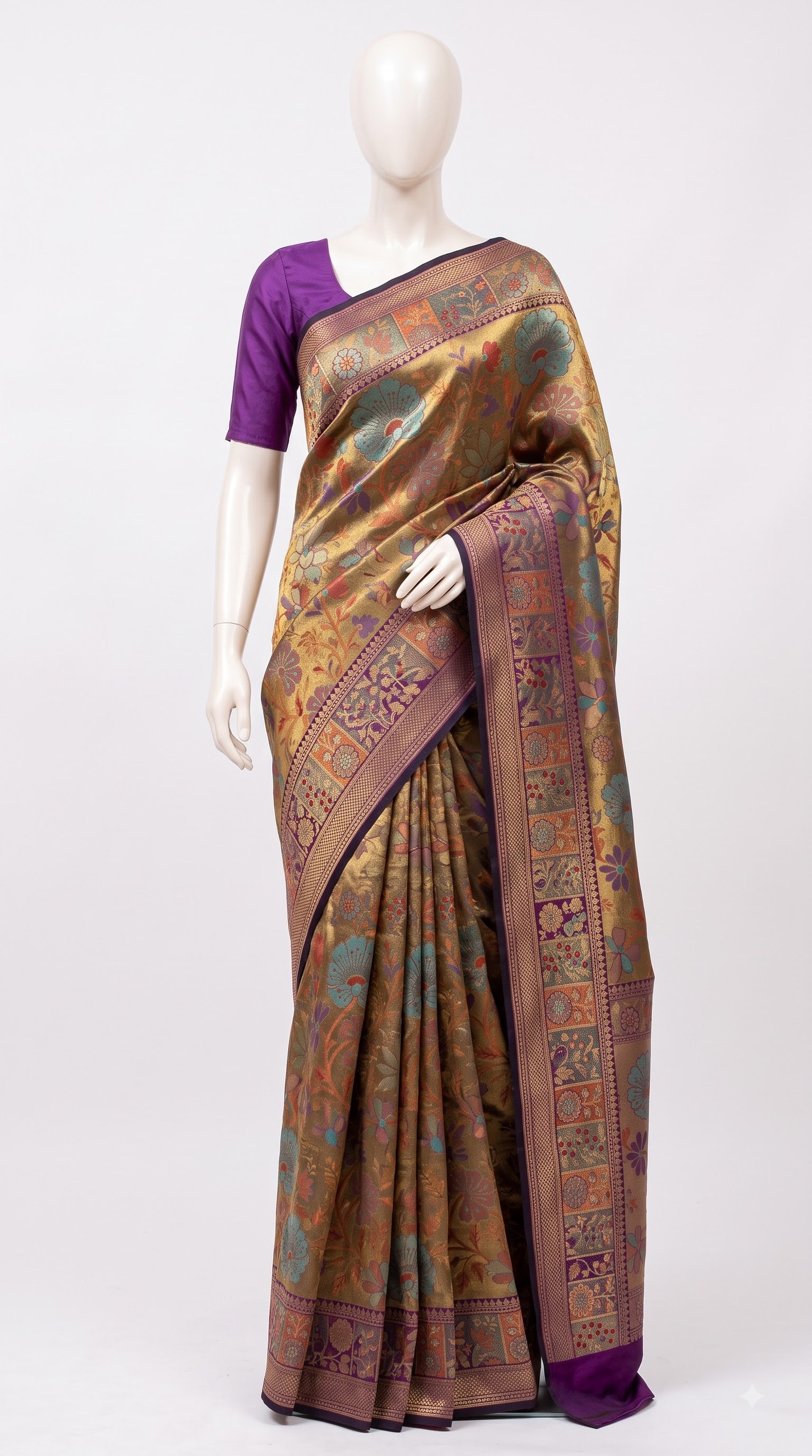 Sage Floral Silk Saree with Multicolor Botanical Weave view 6 - Rangam Saradha Silks