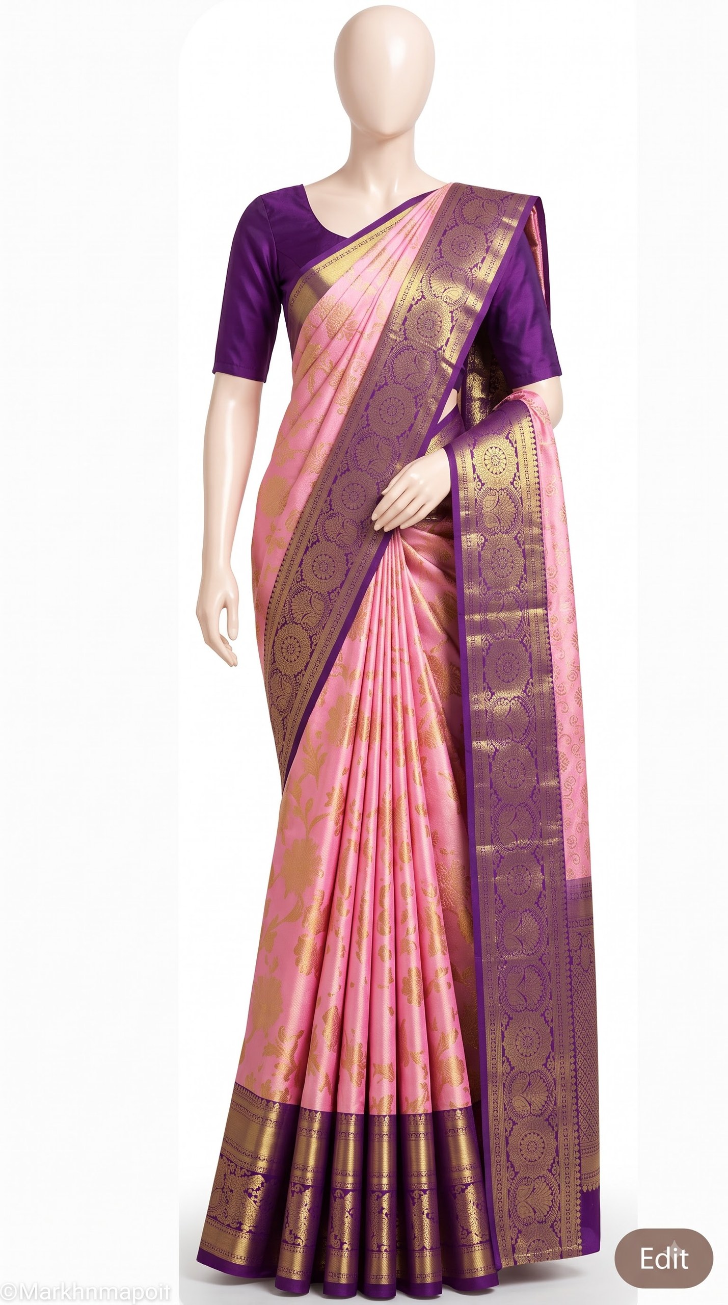 Pure Kanjivaram Silk Saree – Blush Pink Purple Gold Floral