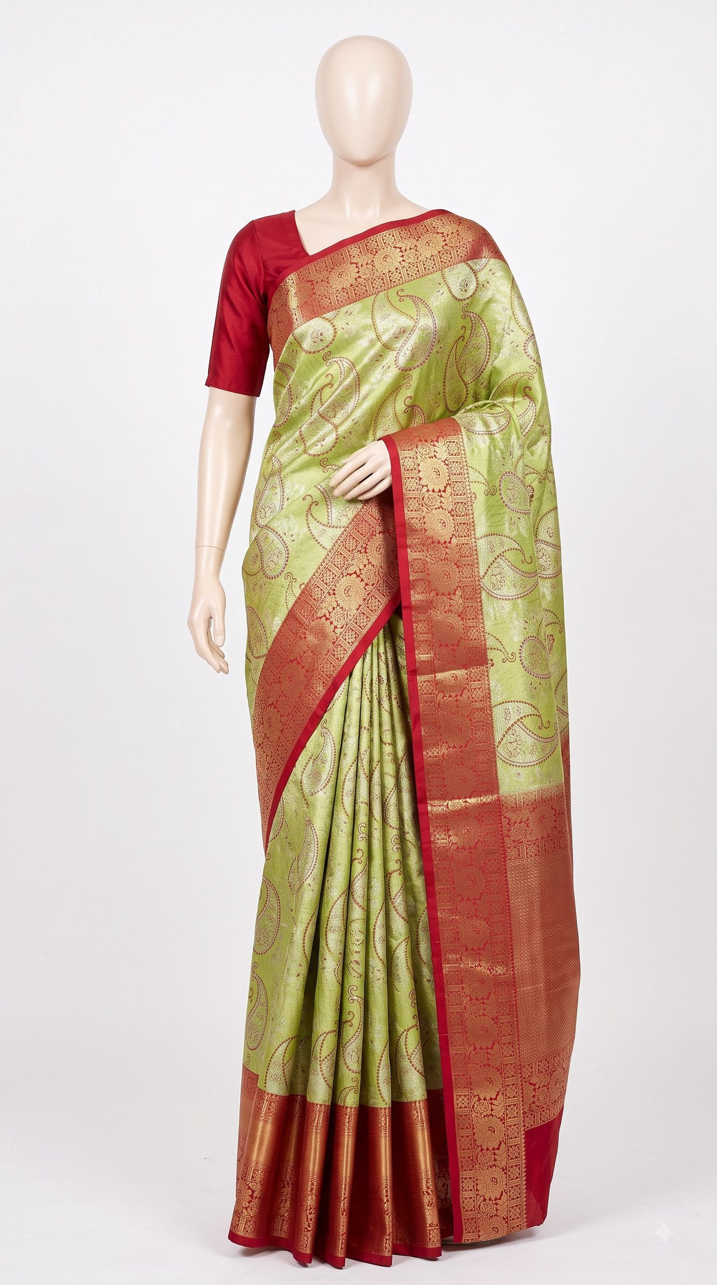 Pure Kanjivaram Silk Saree – Green Red Paisley Floral