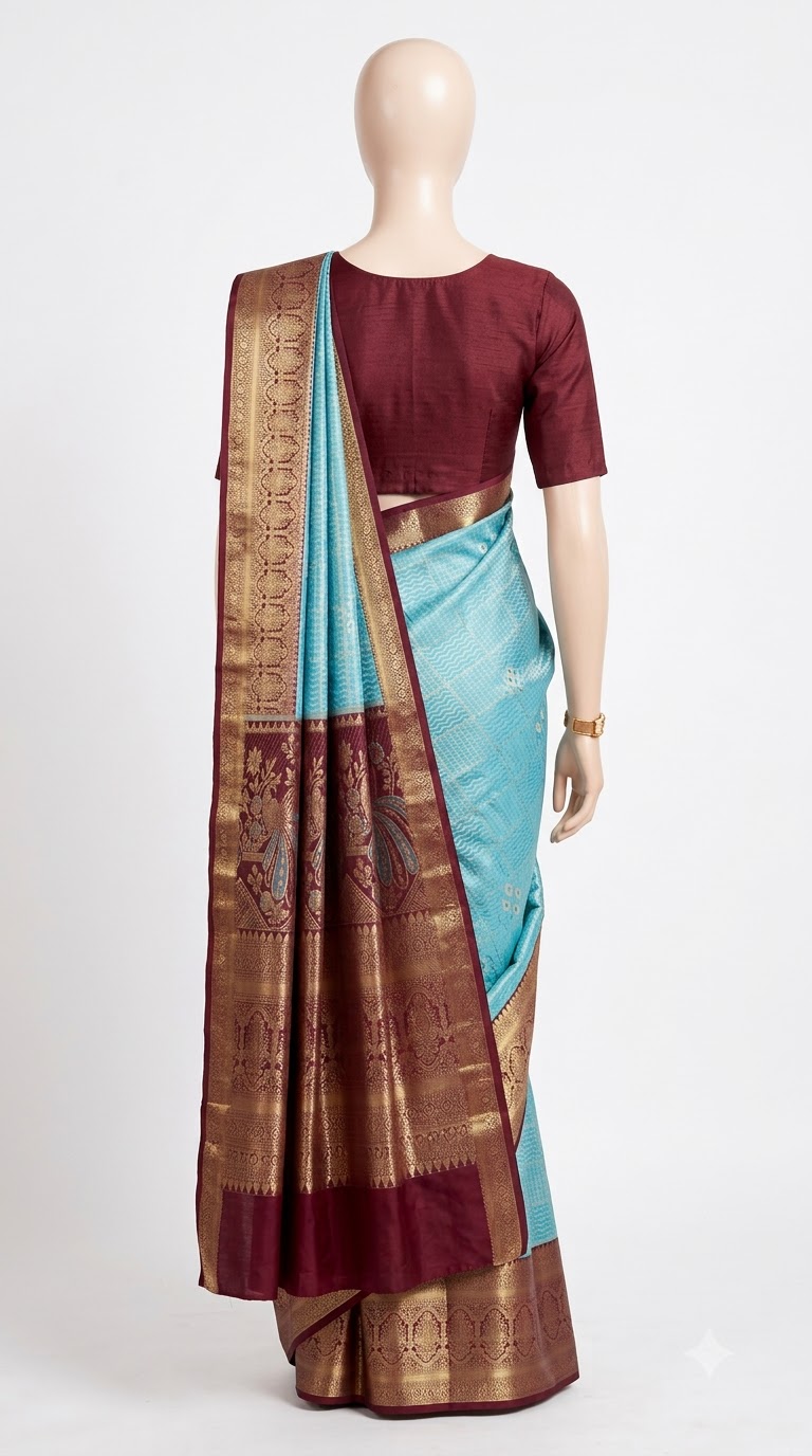 Pure Kanjivaram Silk Saree – Aqua Blue Maroon Gold Peacock view 2 - Rangam Saradha Silks