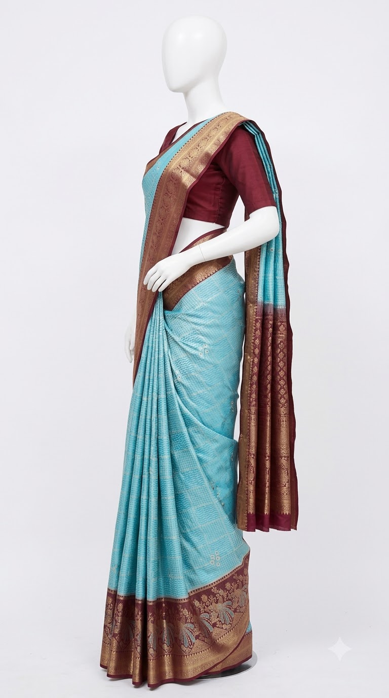 Pure Kanjivaram Silk Saree – Aqua Blue Maroon Gold Peacock view 3 - Rangam Saradha Silks