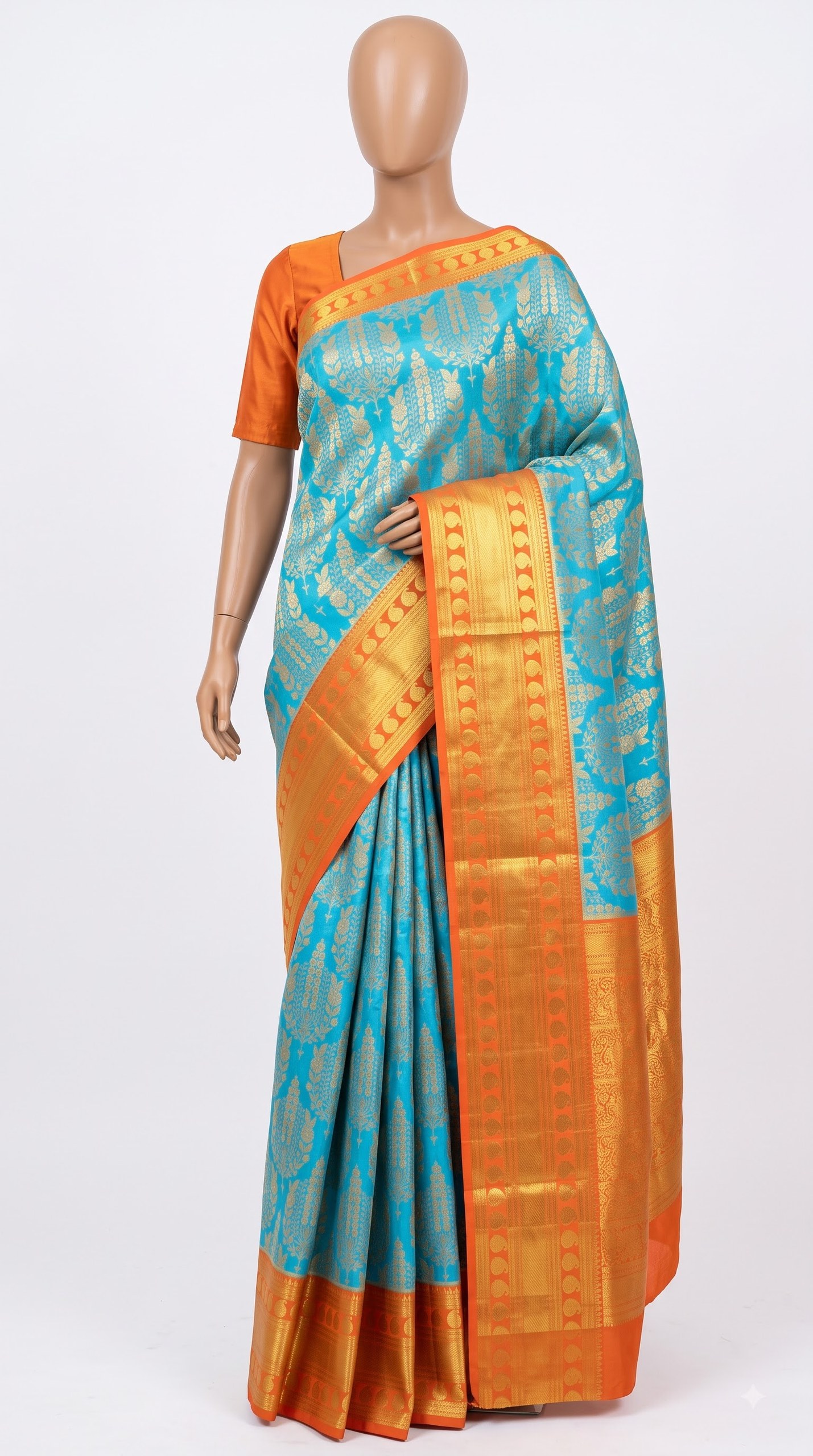 Turquoise Bloom Silk Saree with Burnt Orange Zari Paisley Pallu view 3 - Rangam Saradha Silks