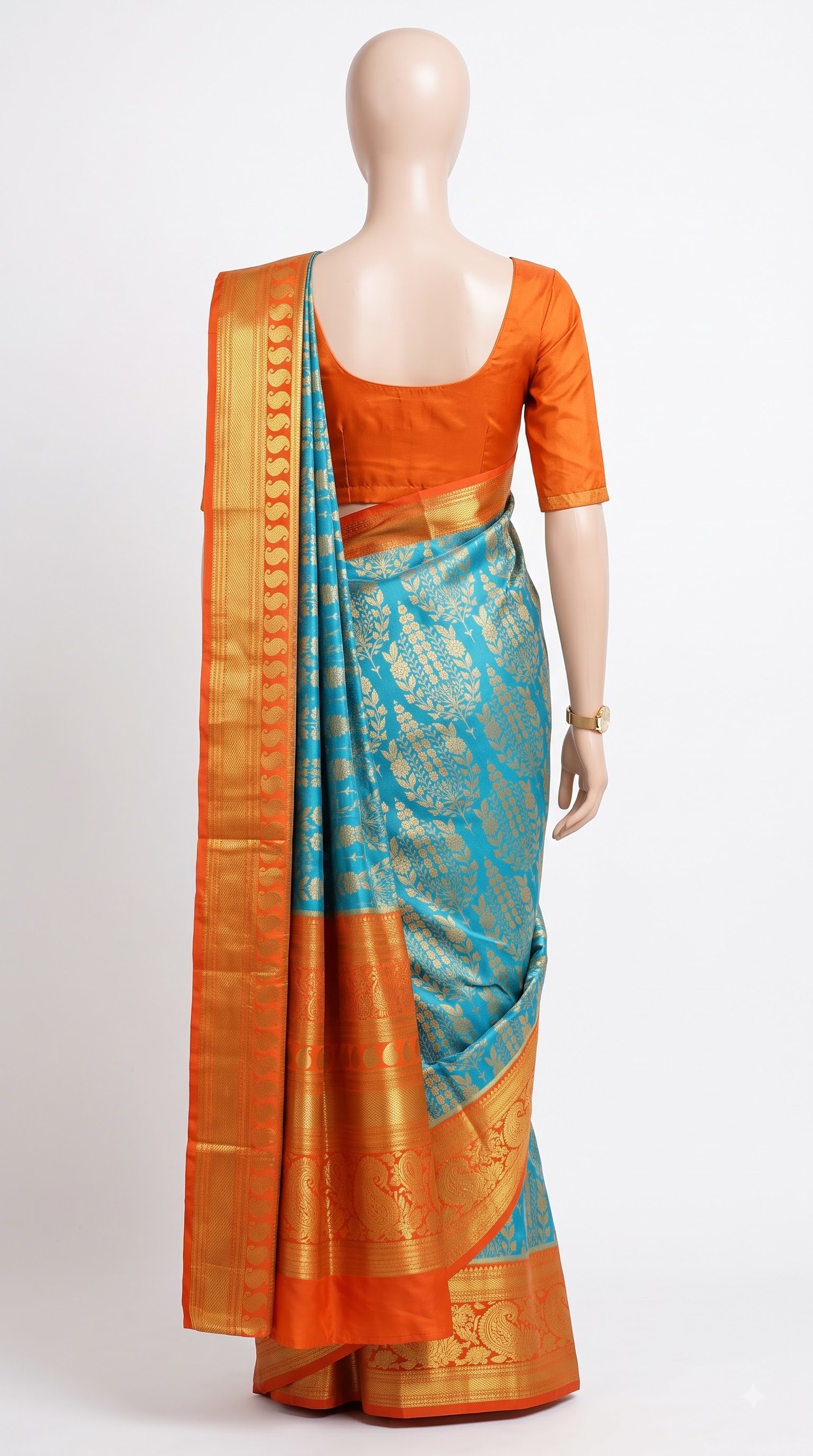 Turquoise Bloom Silk Saree with Burnt Orange Zari Paisley Pallu view 4 - Rangam Saradha Silks