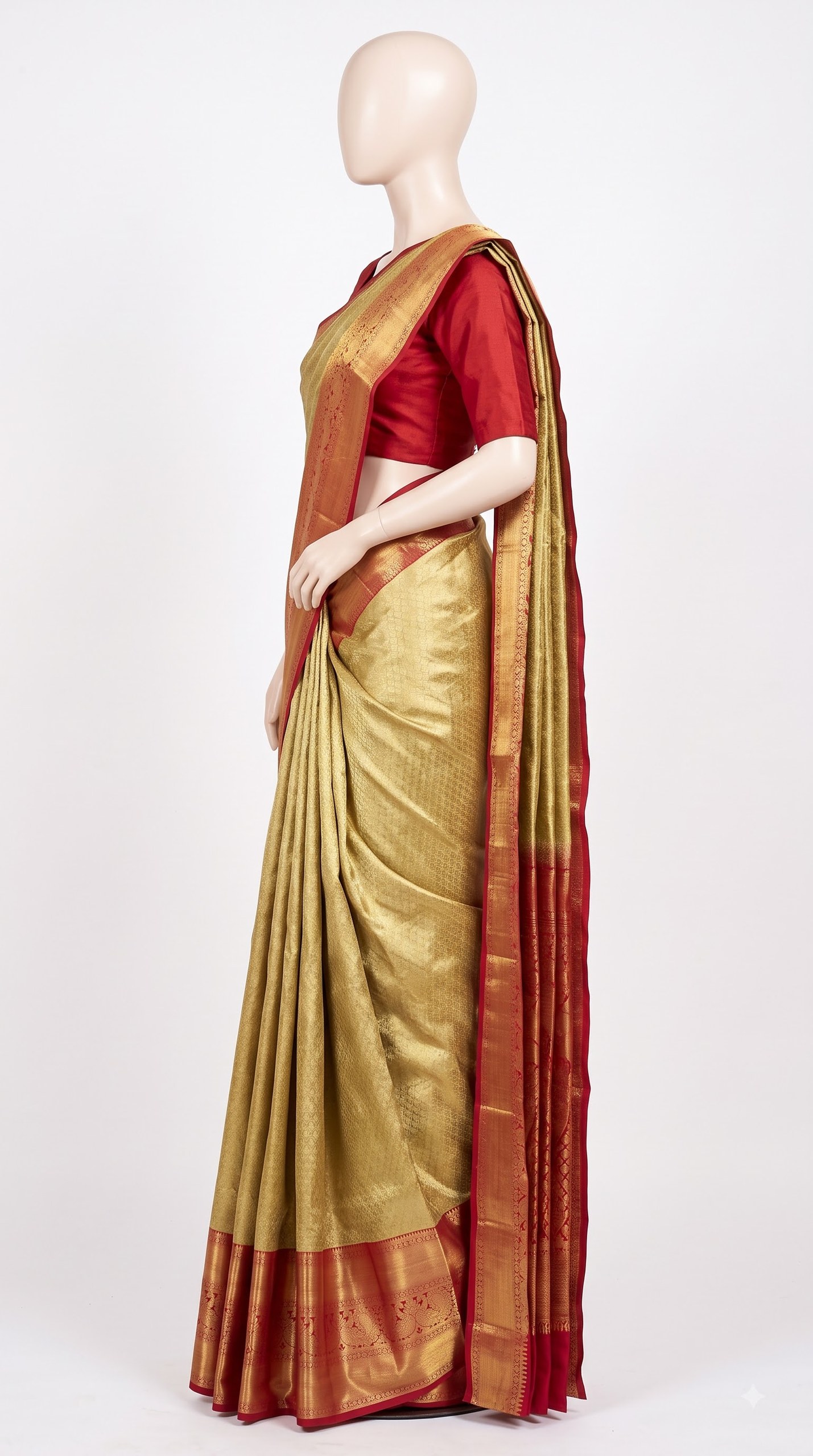 Antique Gold Silk Saree with Crimson Peacock Zari Border view 3 - Rangam Saradha Silks