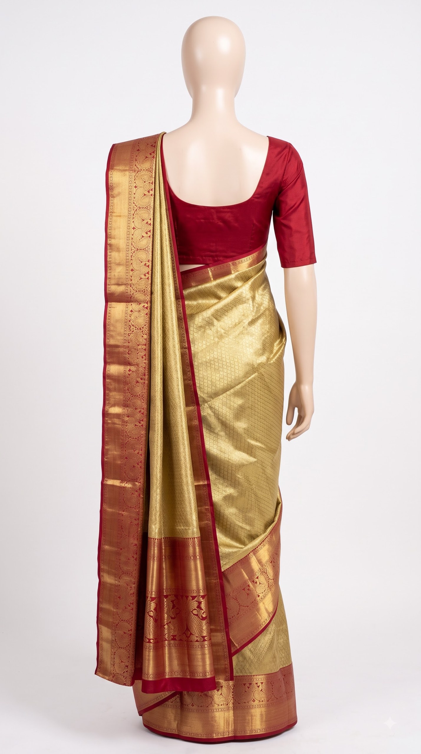 Antique Gold Silk Saree with Crimson Peacock Zari Border view 4 - Rangam Saradha Silks