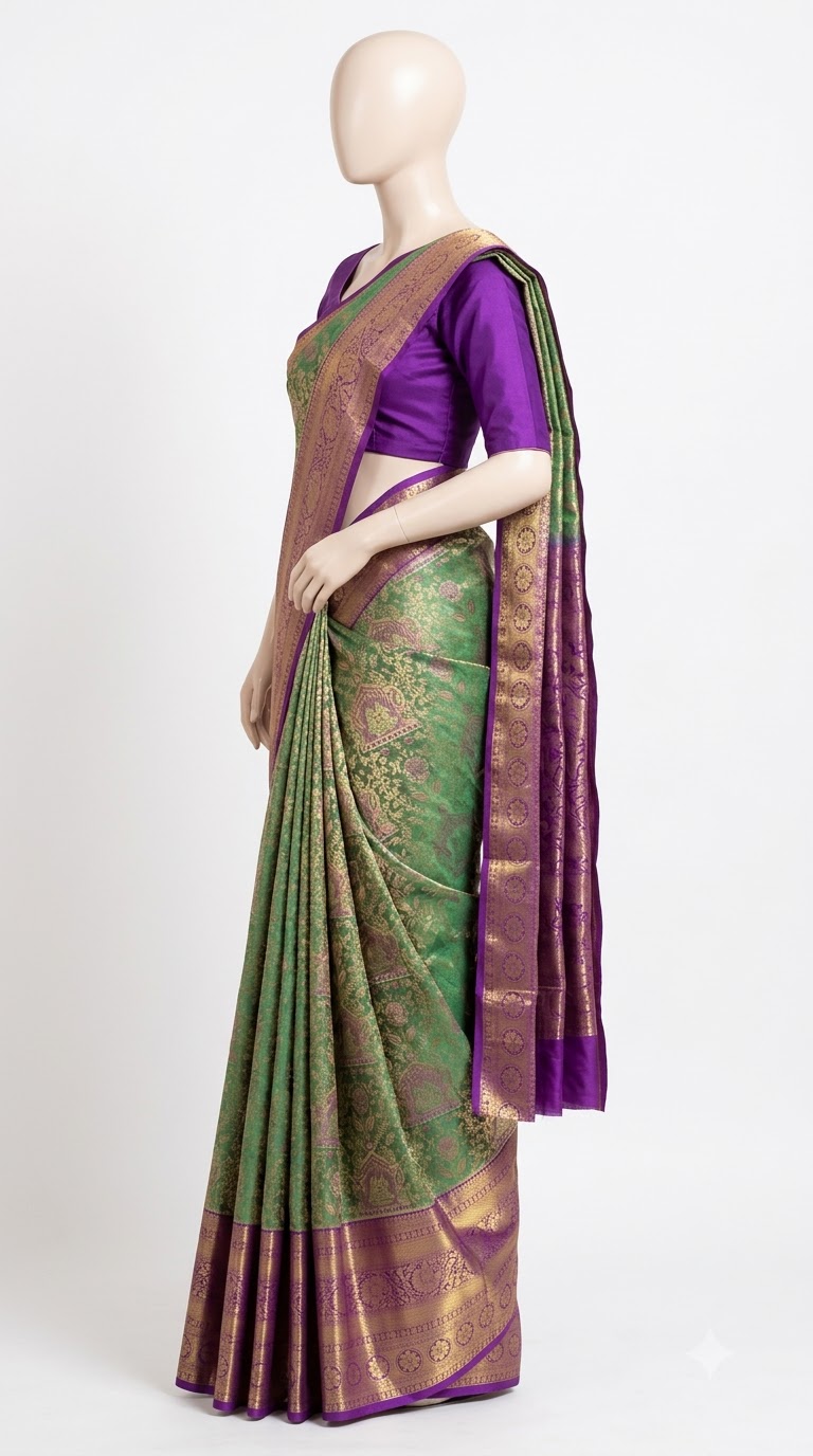 Pure Kanjivaram Silk Saree – Green Purple Gold view 2 - Rangam Saradha Silks