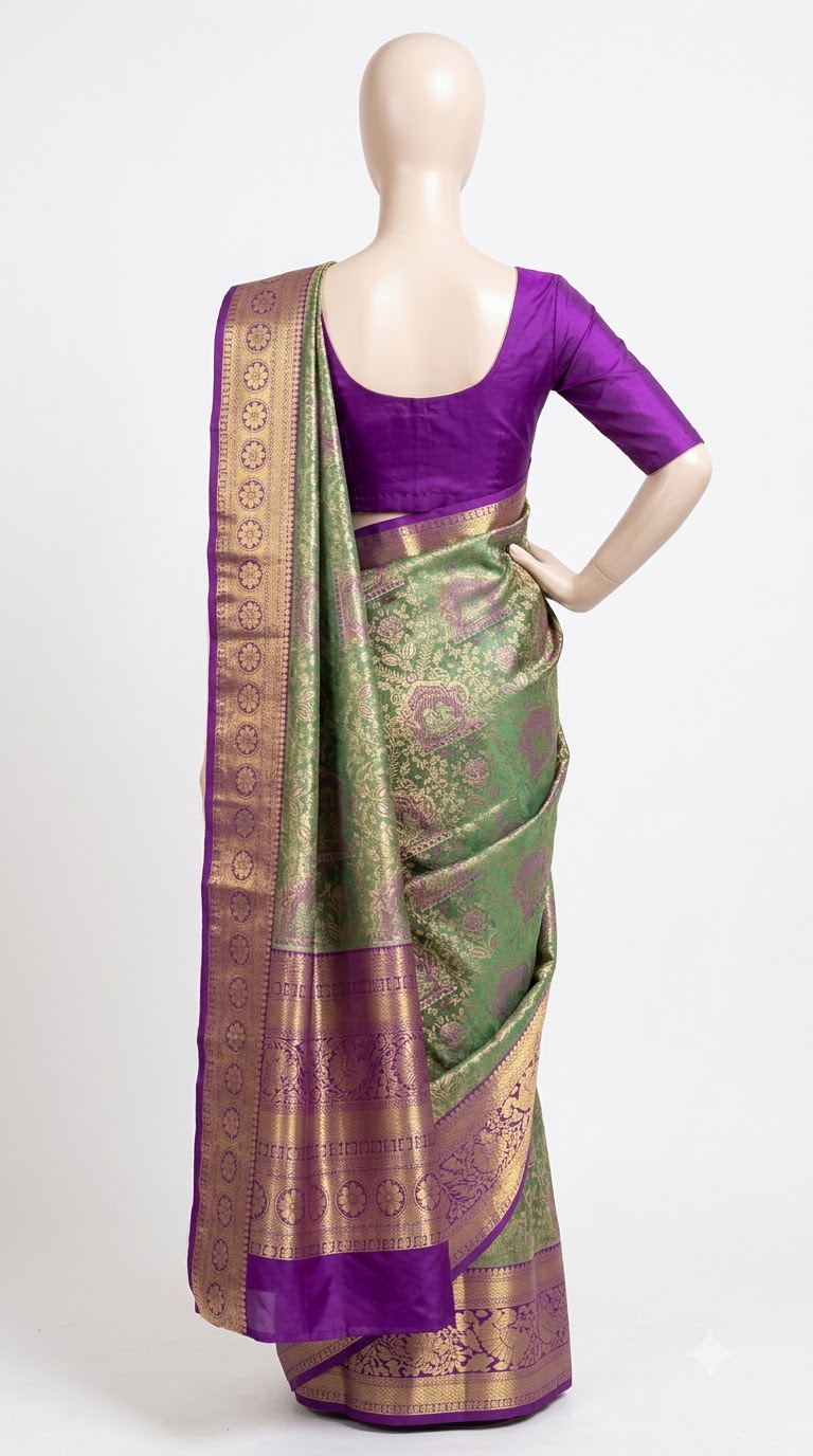 Pure Kanjivaram Silk Saree – Green Purple Gold view 3 - Rangam Saradha Silks