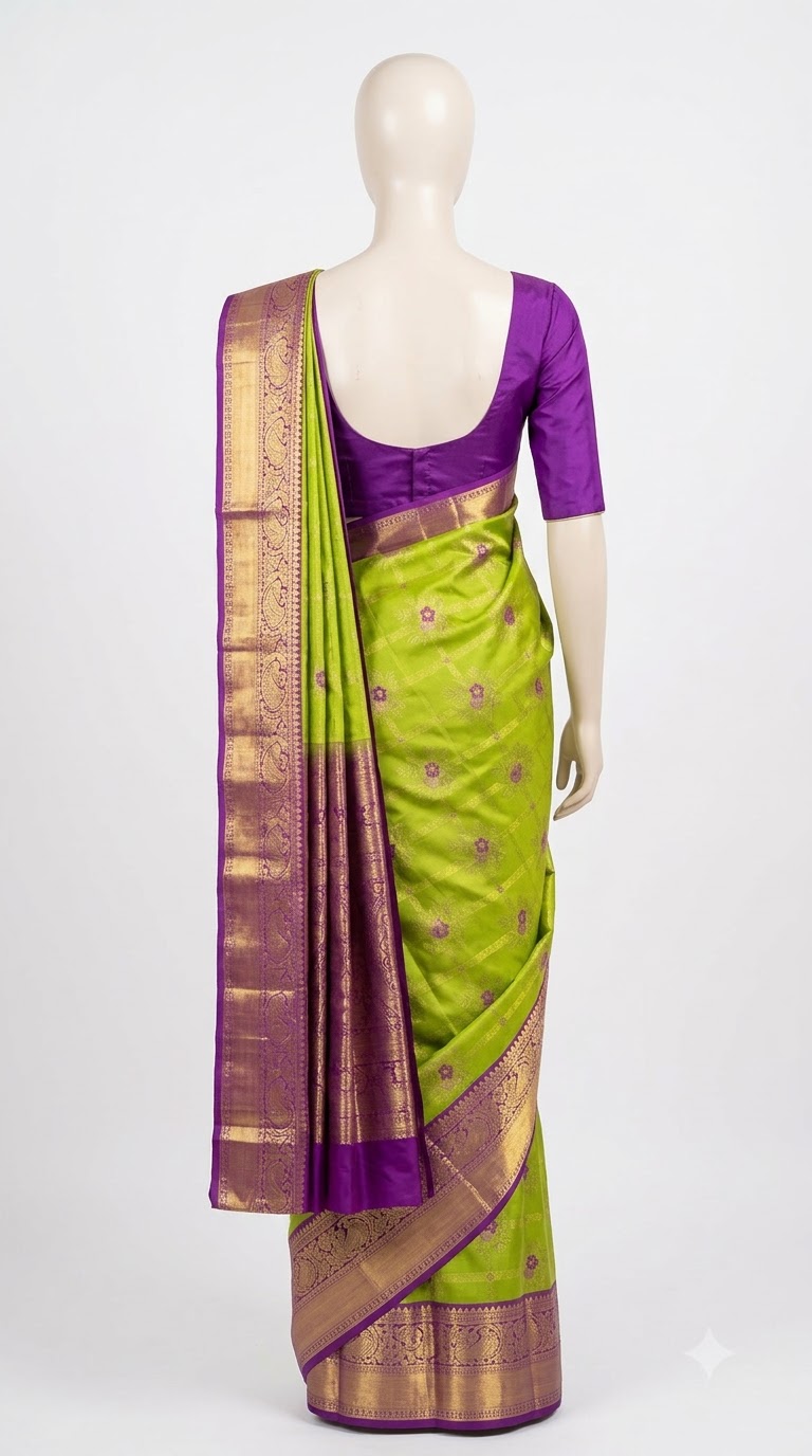 Pure Kanjivaram Silk Saree – Lime Green Purple Gold view 2 - Rangam Saradha Silks