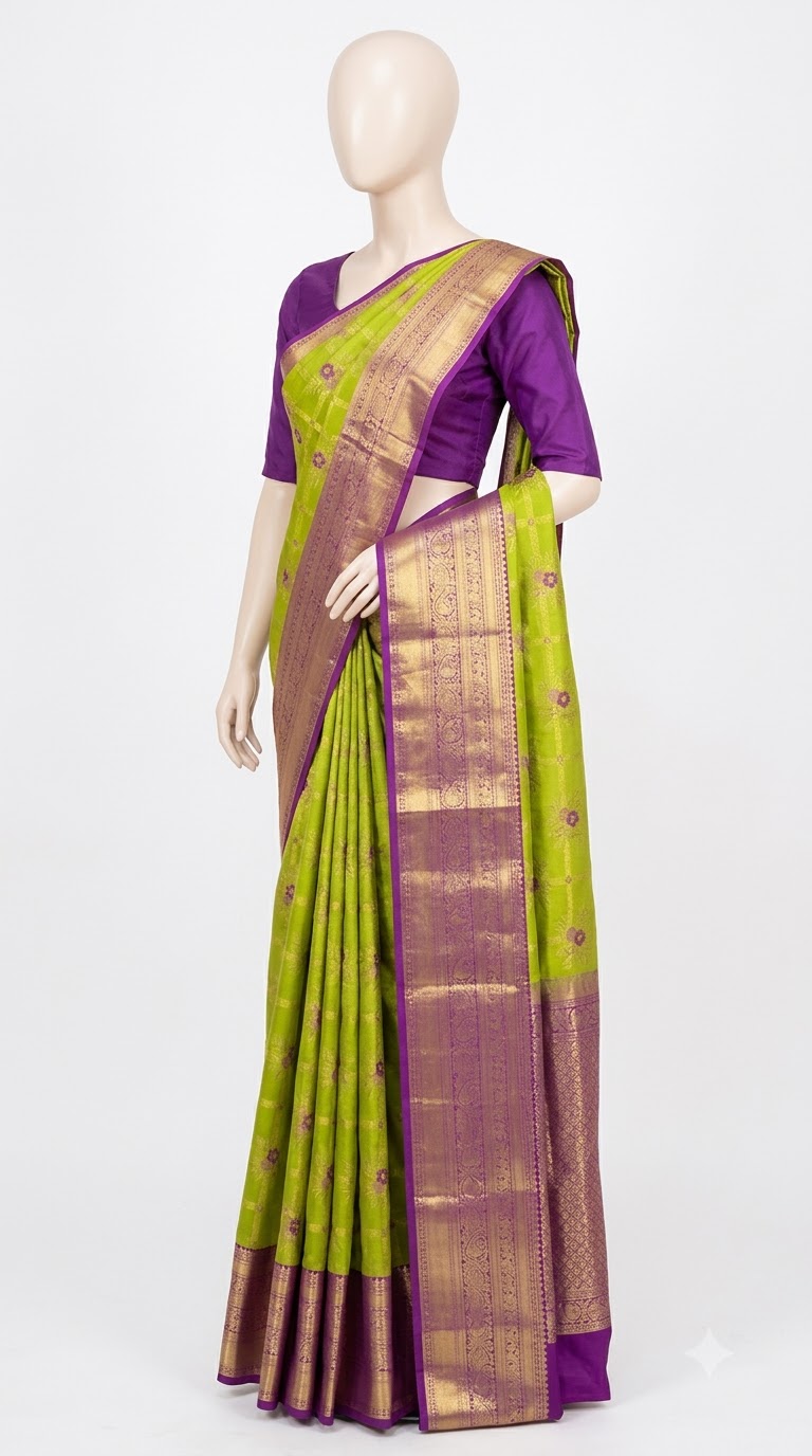 Pure Kanjivaram Silk Saree – Lime Green Purple Gold view 3 - Rangam Saradha Silks