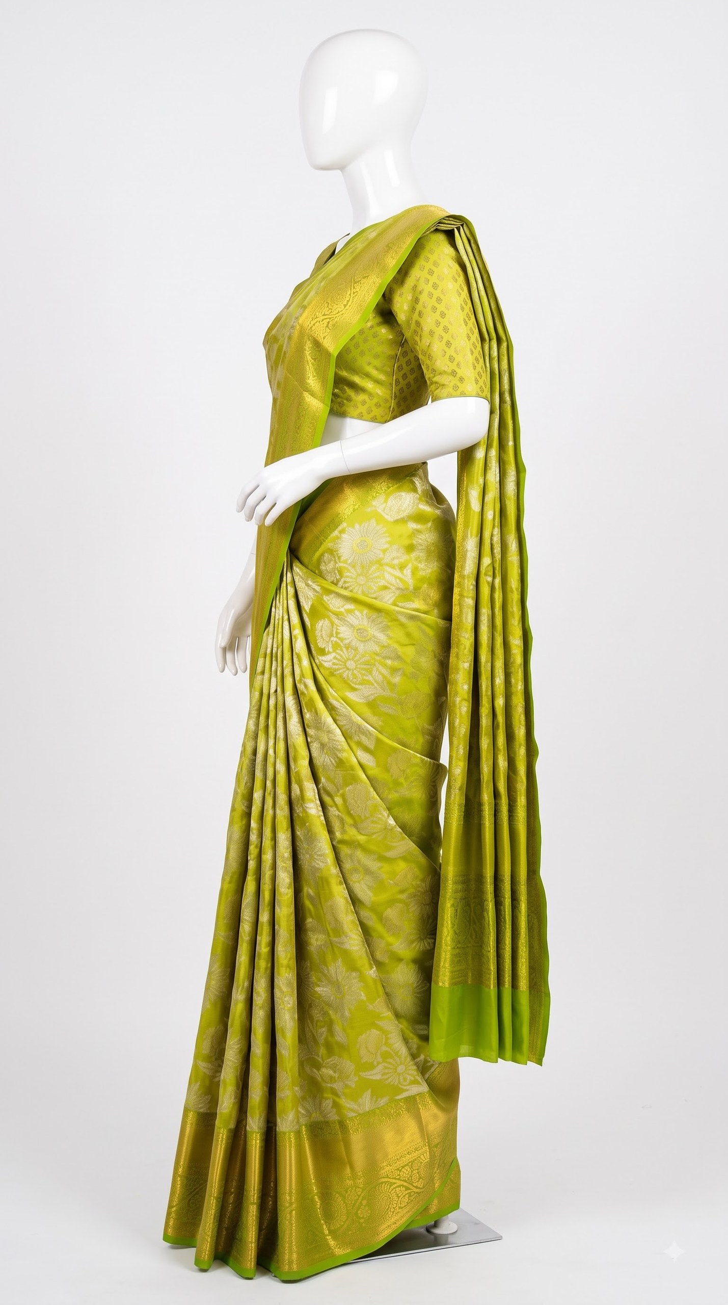Pure Kanjivaram Silk Saree – Lime Green Gold Floral view 6 - Rangam Saradha Silks