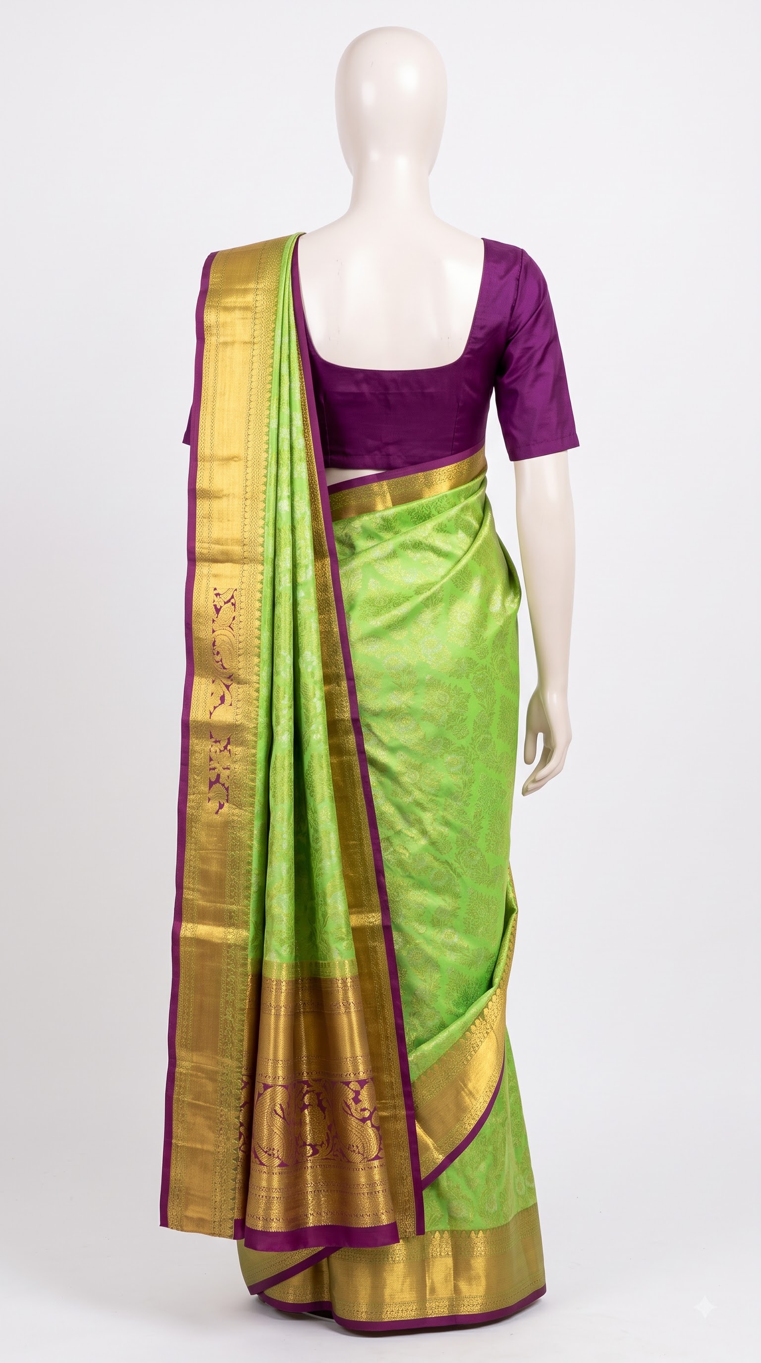 Pure Kanjivaram Silk Saree – Mint Green Magenta Peacock view 4 - Rangam Saradha Silks