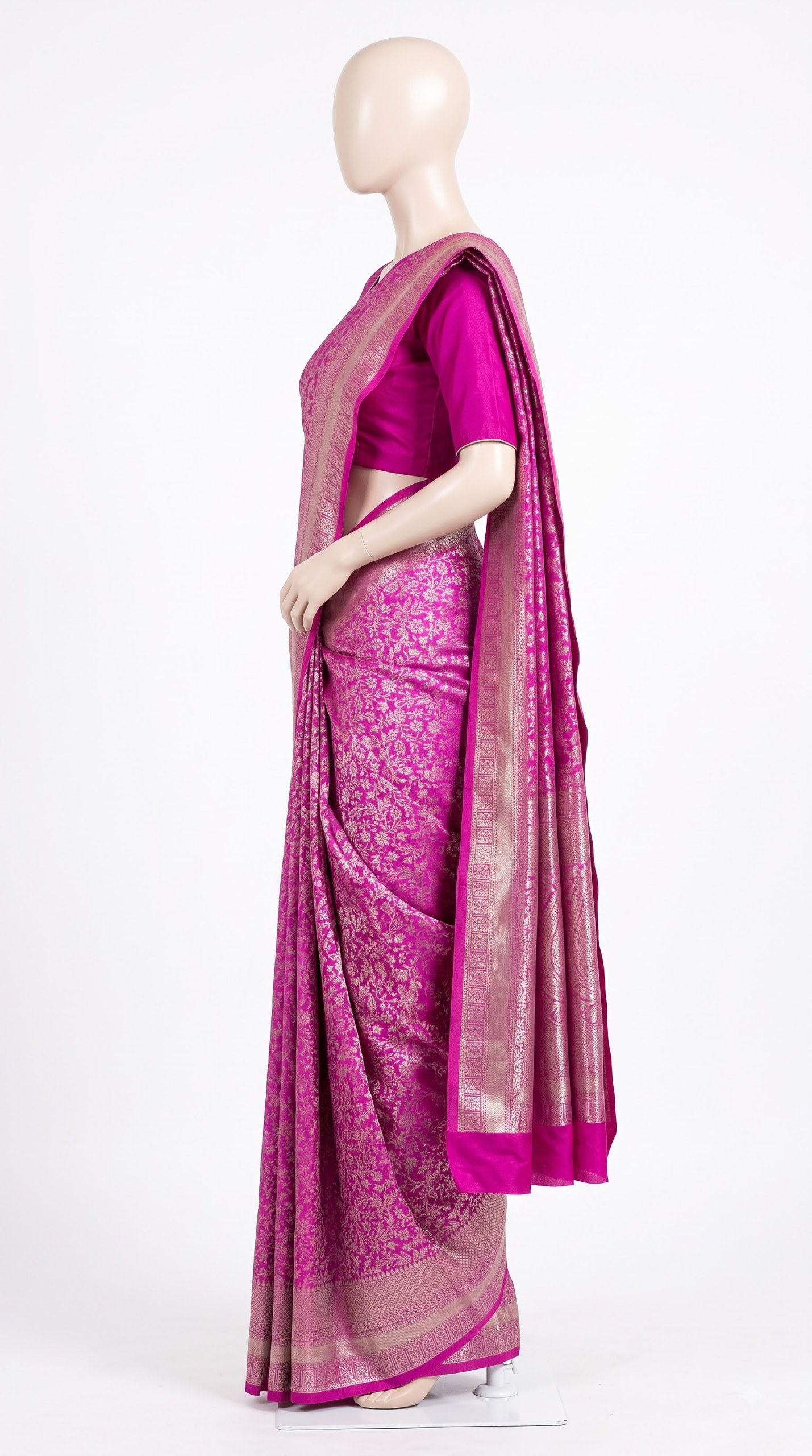 Pure Kanjivaram Silk Saree – Magenta Pink Silver Paisley view 3 - Rangam Saradha Silks