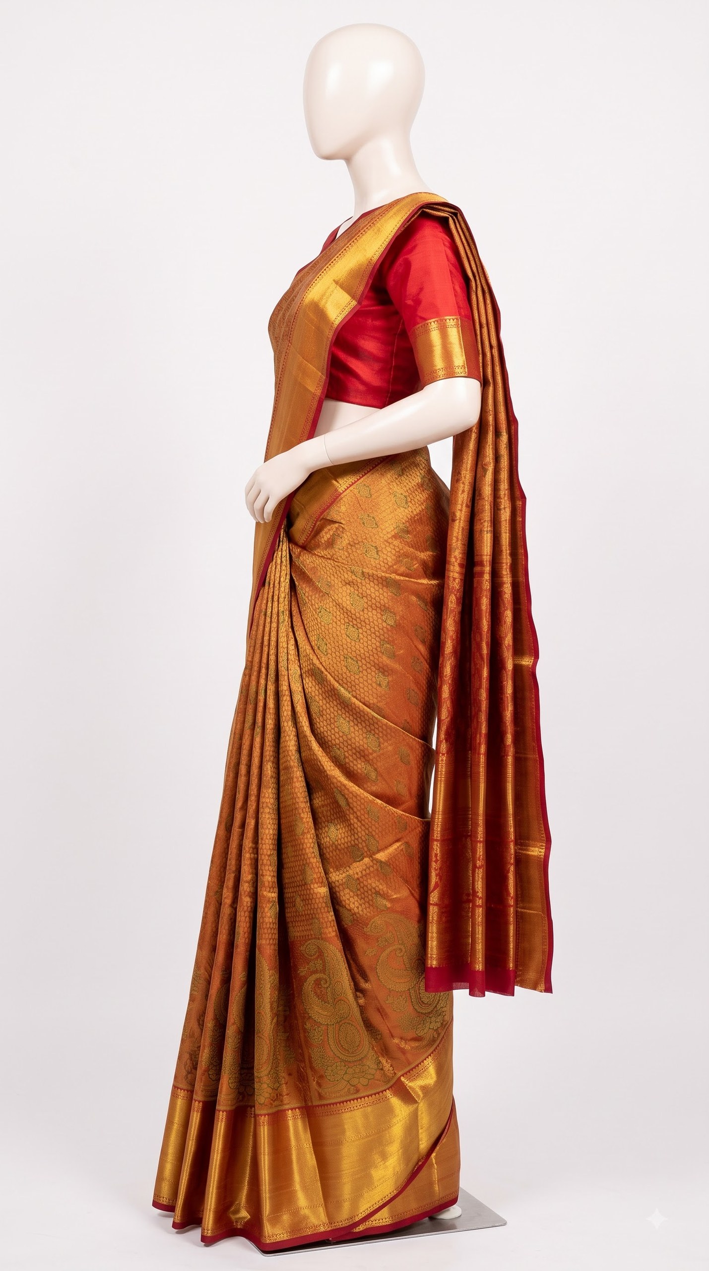 Pure Kanjivaram Silk Saree – Rust Copper Gold Green Paisley view 4 - Rangam Saradha Silks