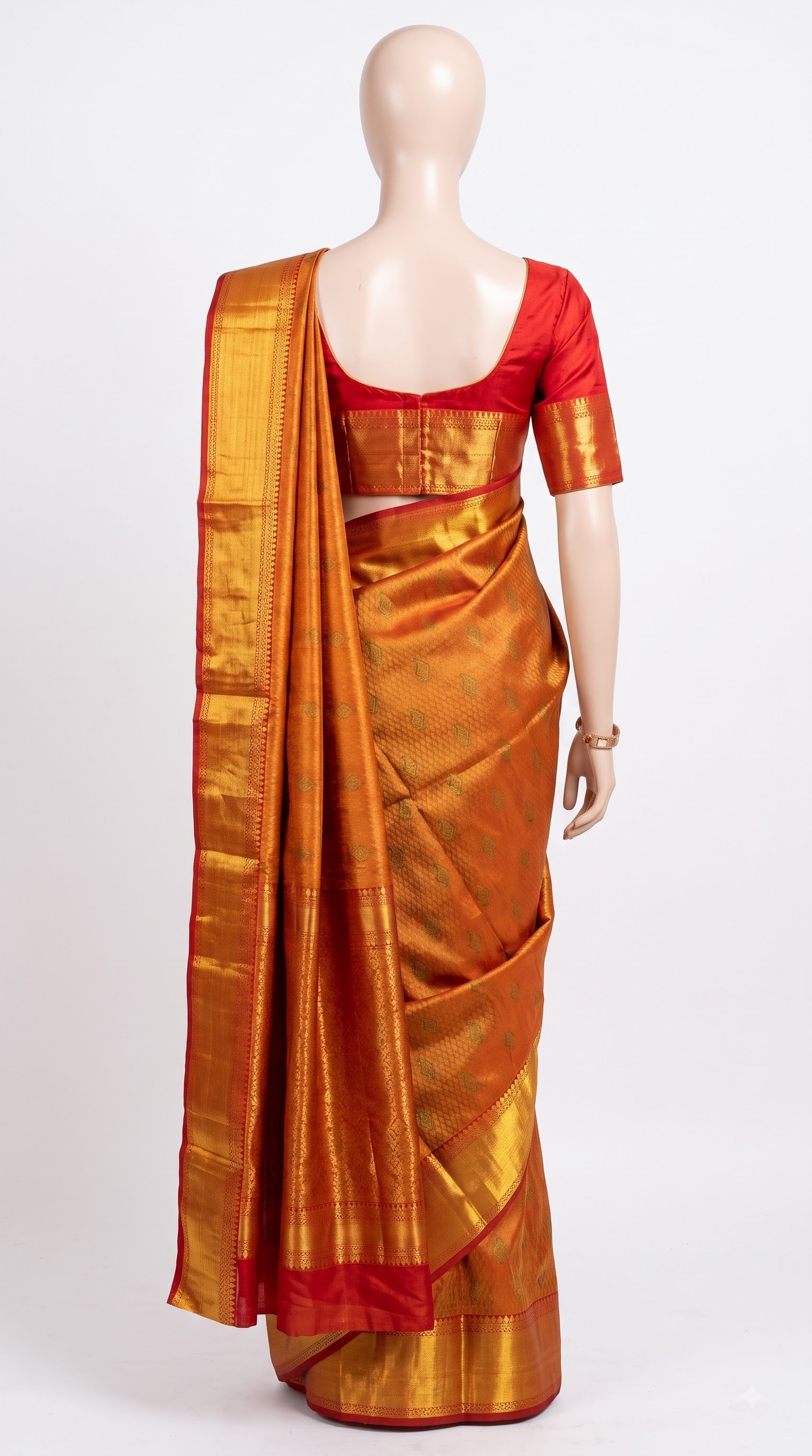 Pure Kanjivaram Silk Saree – Rust Copper Gold Green Paisley view 5 - Rangam Saradha Silks