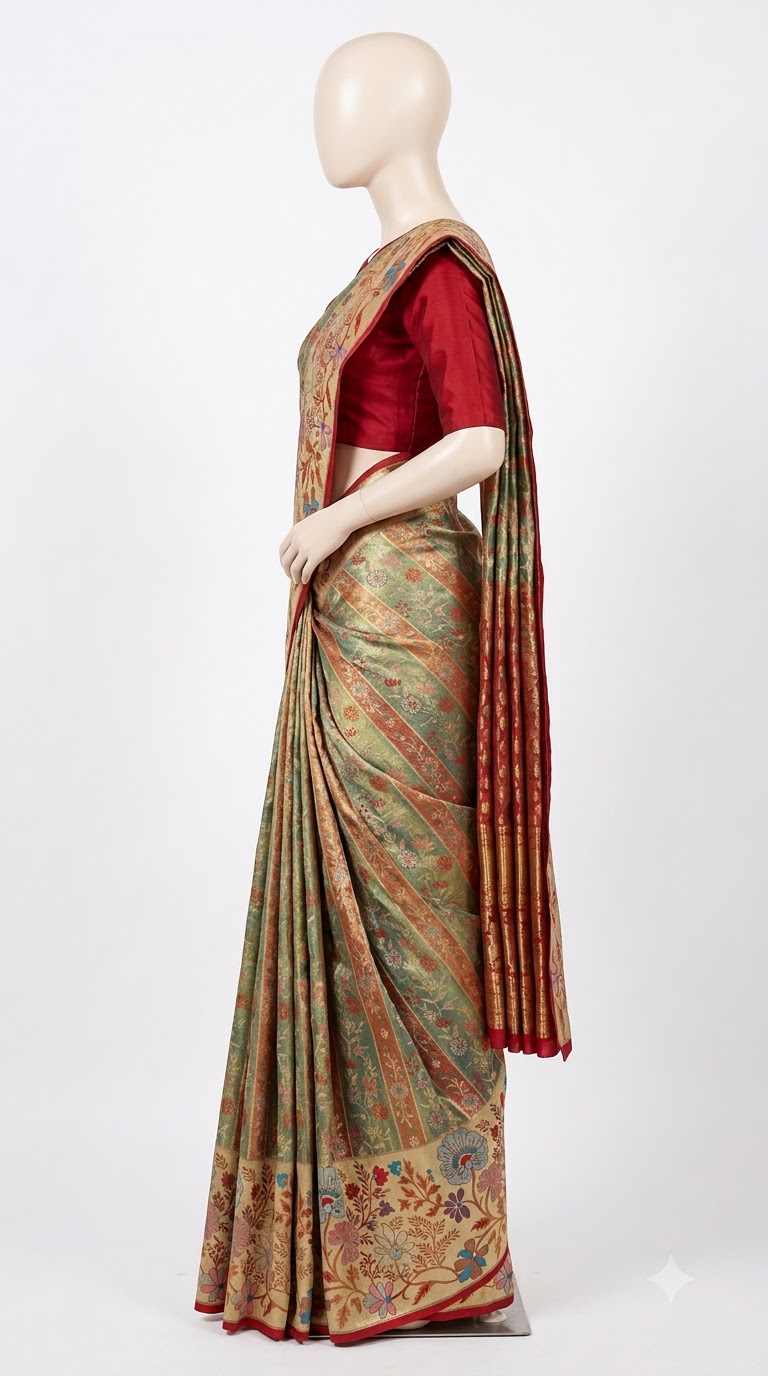 Kanjivaram Silk Saree – Sage Green & Maroon Floral view 2 - Rangam Saradha Silks