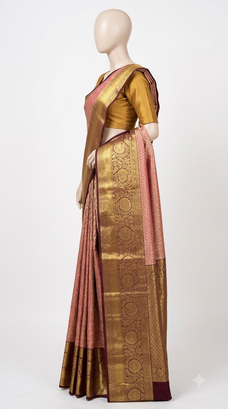 Blush Pink & Antique Gold Geometric Silk Saree view 2 - Rangam Saradha Silks