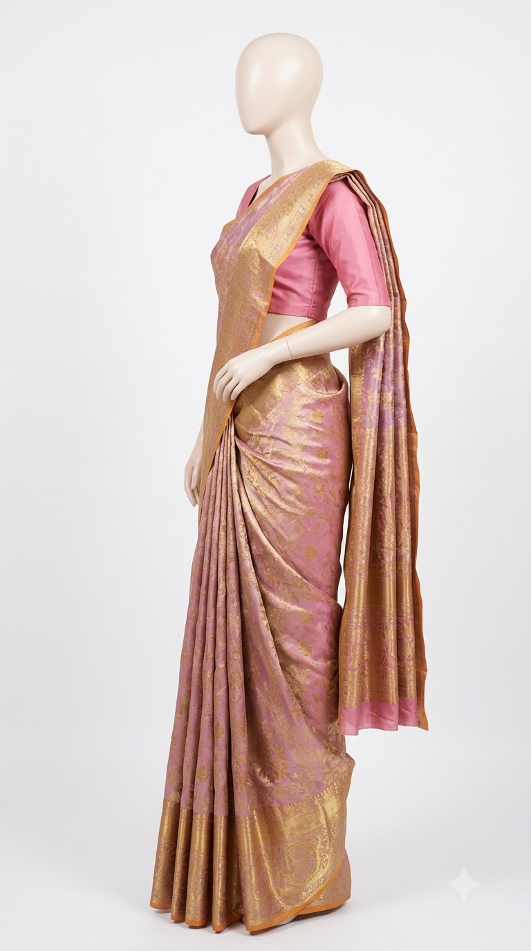 Pure Kanjivaram Silk Saree – Lavender Gold Floral view 3 - Rangam Saradha Silks
