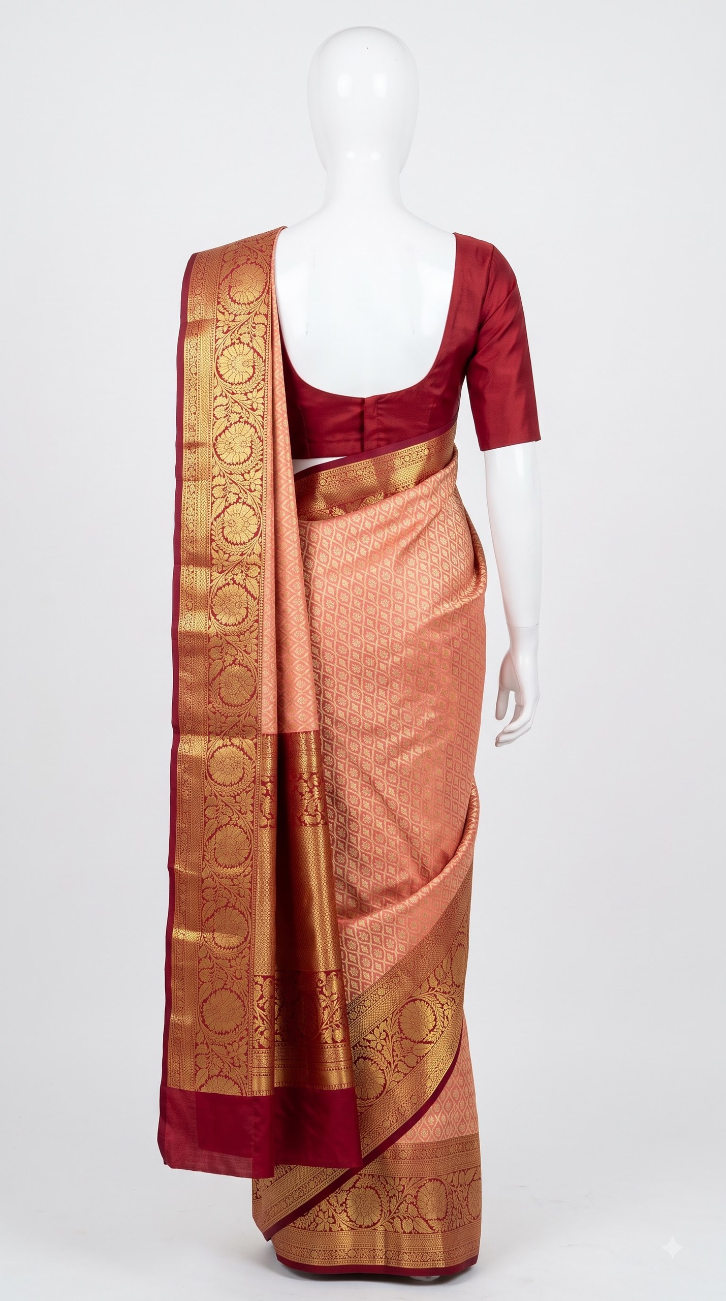 Pure Kanjivaram Silk Saree – Champagne Gold Maroon Floral view 3 - Rangam Saradha Silks