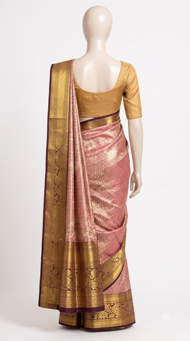 Blush Pink & Antique Gold Geometric Silk Saree view 3 - Rangam Saradha Silks