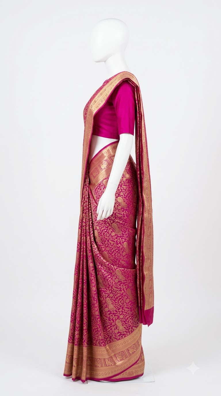 Pure Kanjivaram Silk Saree – Magenta Pink Gold Peacock view 2 - Rangam Saradha Silks
