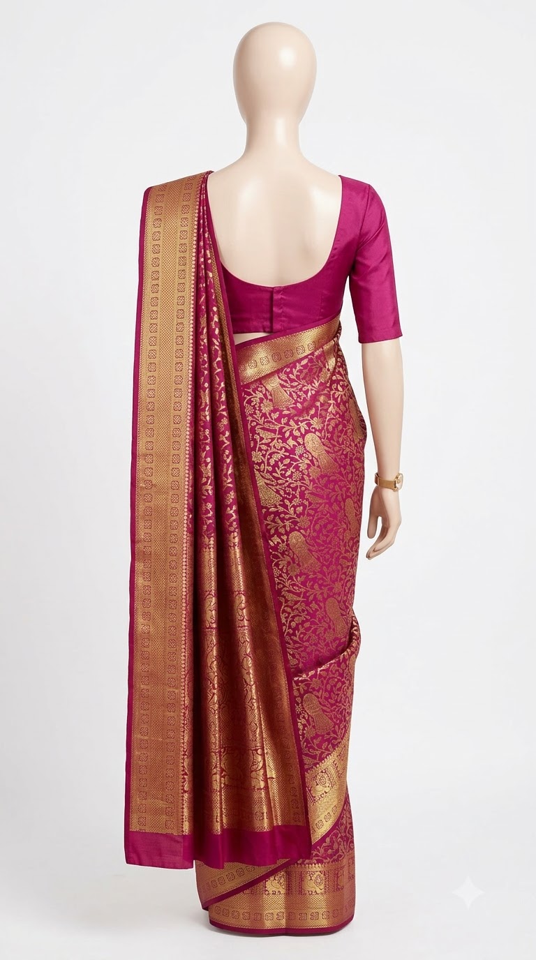 Pure Kanjivaram Silk Saree – Magenta Pink Gold Peacock view 3 - Rangam Saradha Silks