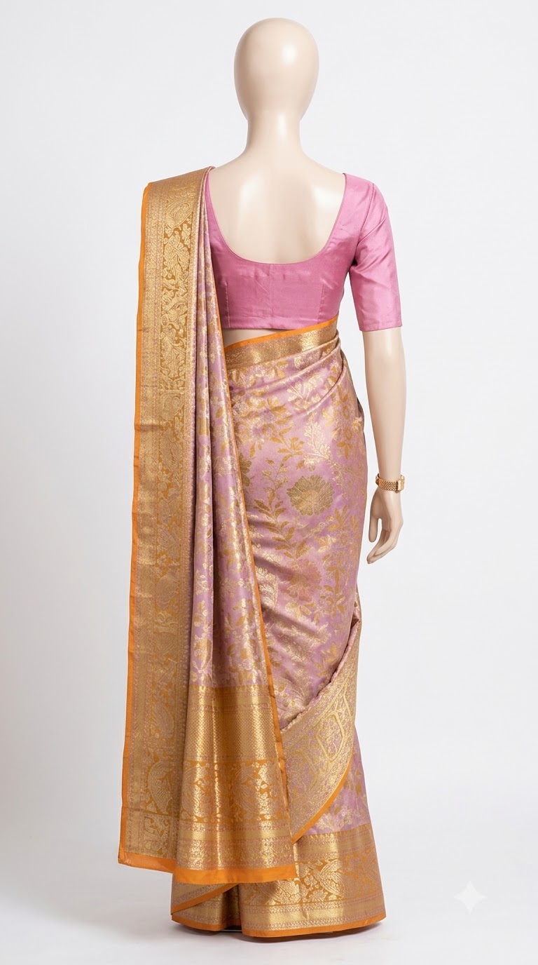 Pure Kanjivaram Silk Saree – Lavender Gold Floral view 4 - Rangam Saradha Silks