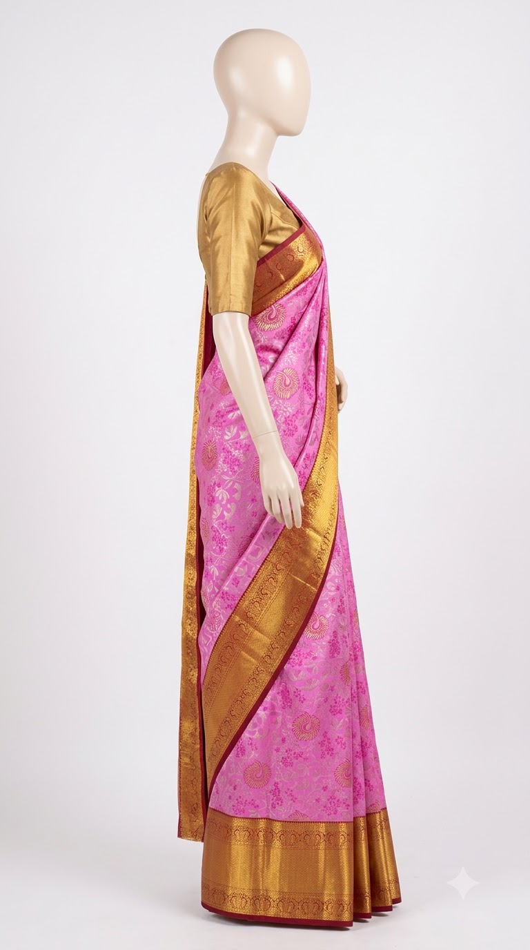 Pure Kanjivaram Silk Saree – Pink Gold Paisley Floral view 3 - Rangam Saradha Silks
