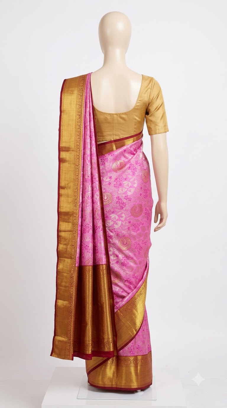 Pure Kanjivaram Silk Saree – Pink Gold Paisley Floral view 4 - Rangam Saradha Silks