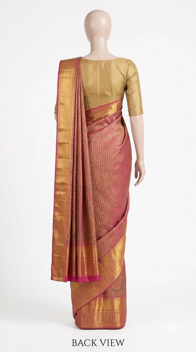 Pure Kanjivaram Silk Saree – Rose Pink Gold view 3 - Rangam Saradha Silks