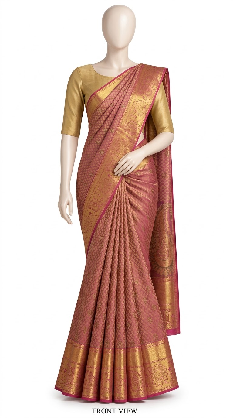 Pure Kanjivaram Silk Saree – Rose Pink Gold
