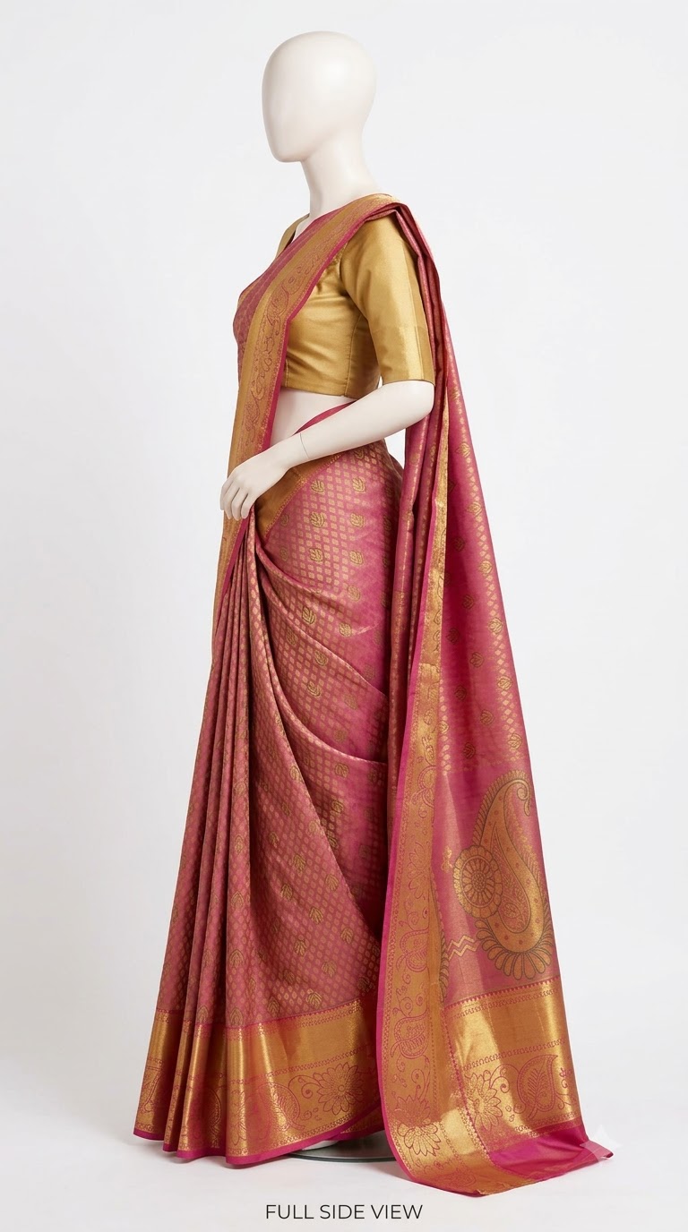 Pure Kanjivaram Silk Saree – Rose Pink Gold view 2 - Rangam Saradha Silks