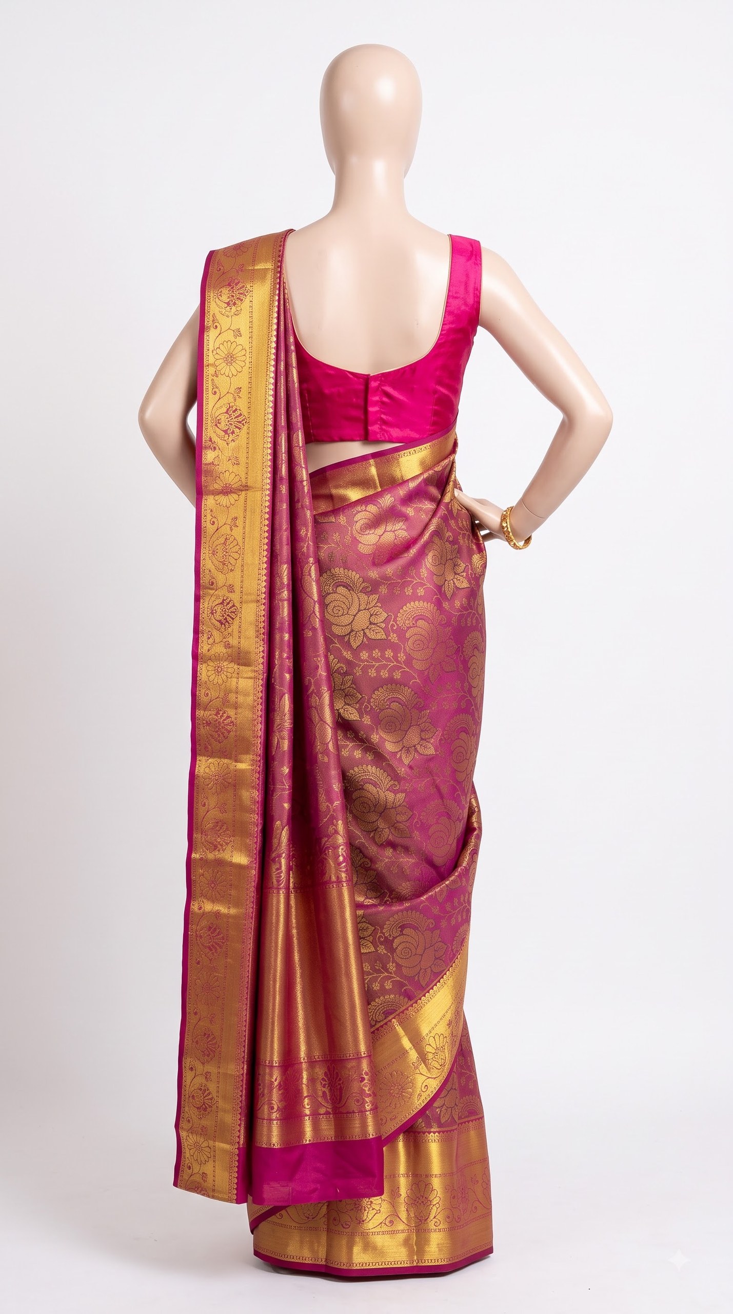 Pure Kanjivaram Silk Saree – Wine Magenta Antique Gold Rose Floral view 4 - Rangam Saradha Silks